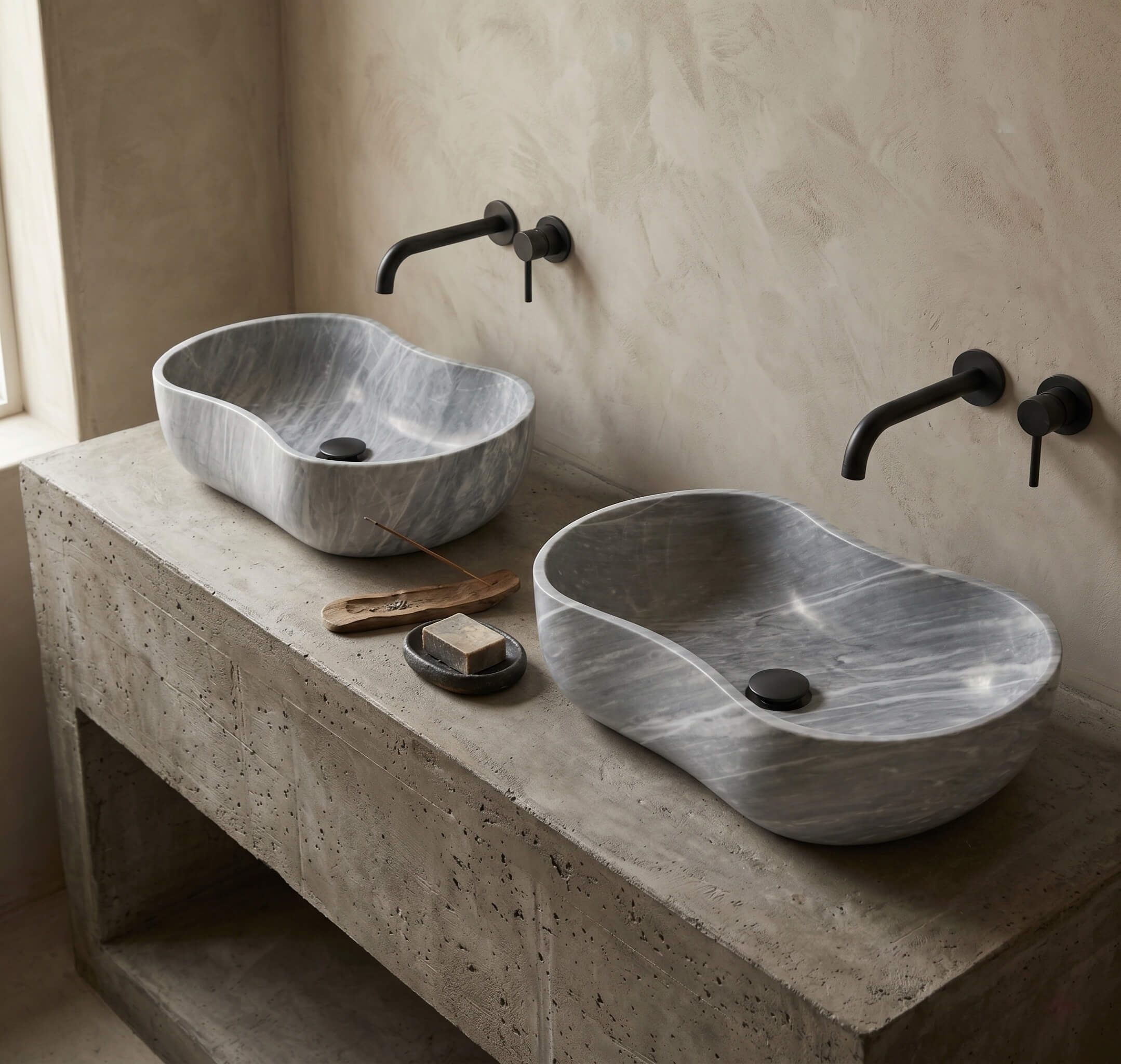 Two Carrara gray marble vessel sinks on warm microcement counter with matte black wall-mount faucets in a wabi-sabi Mediterranean bathroom.
