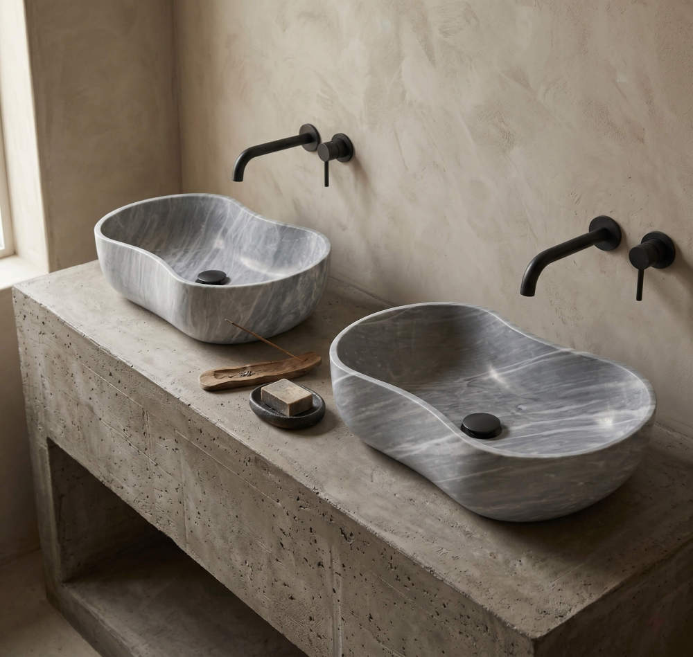 Two Carrara gray marble vessel sinks on warm microcement counter with matte black wall-mount faucets in a wabi-sabi Mediterranean bathroom.