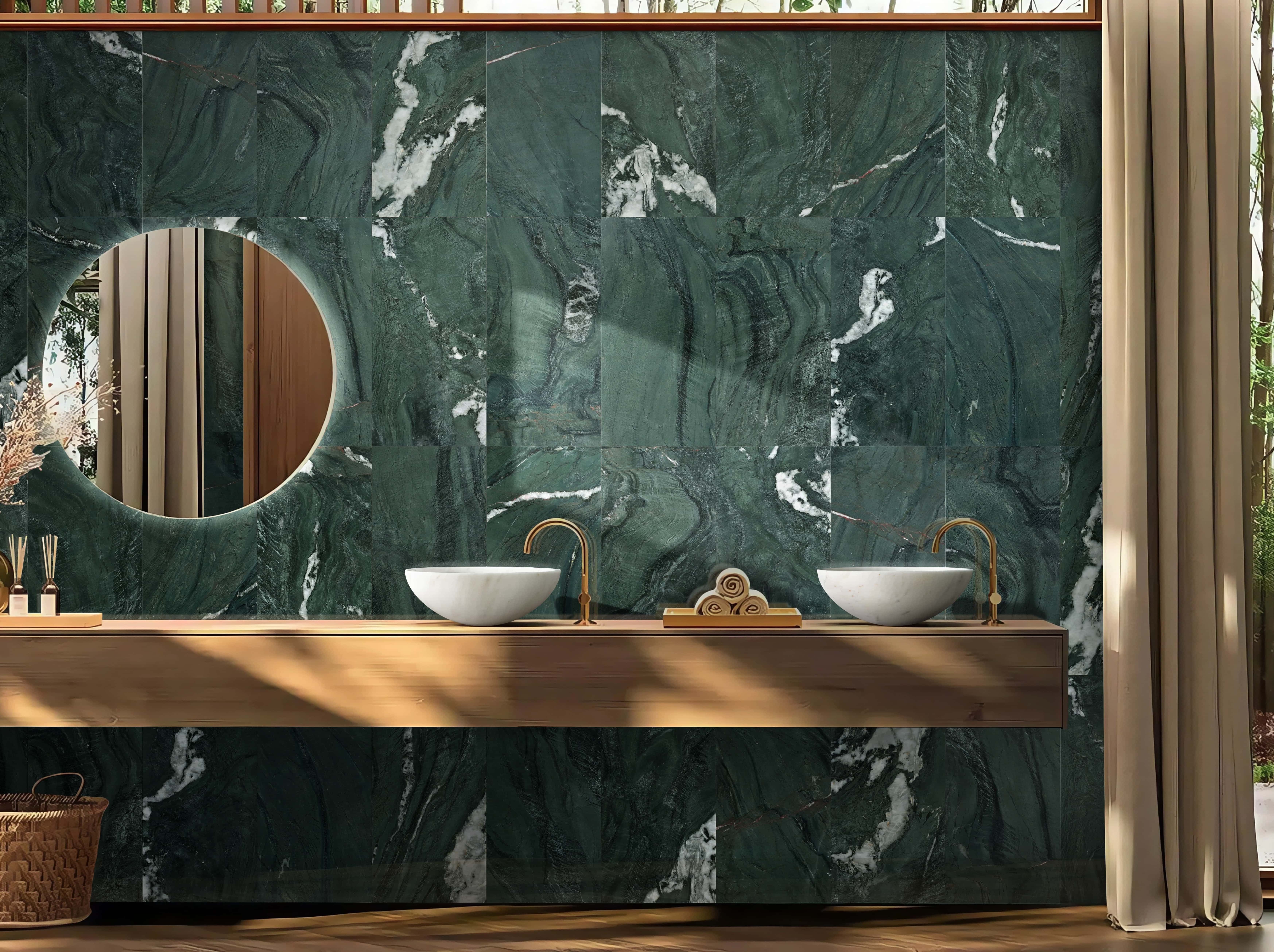 Snow Mountain white marble vessel sinks on wood vanity, Diamond Green marble tile wall, biophilic luxury bathroom.