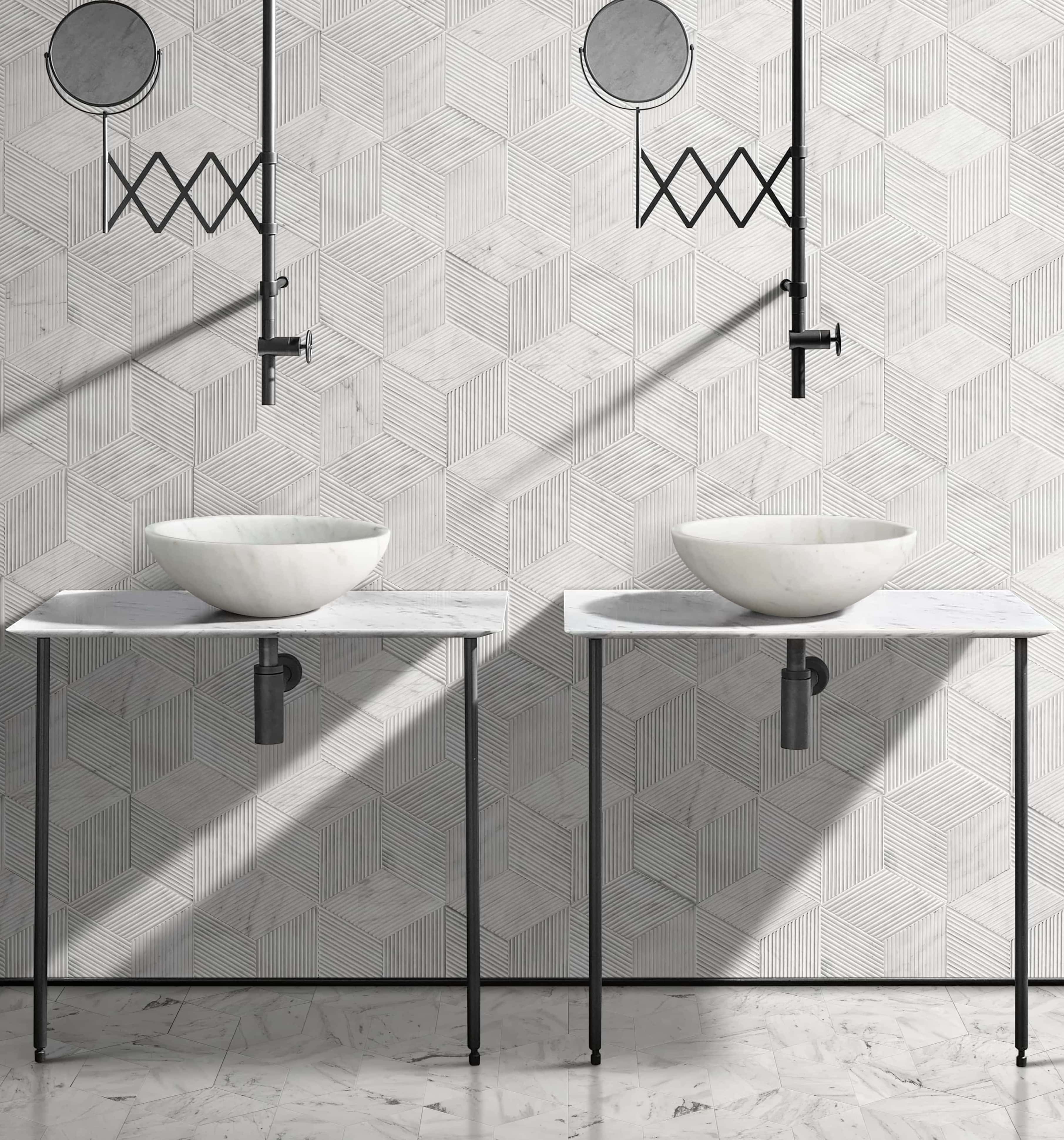 Snow Mountain marble vessel sinks, textured hexagon wall tile, polished hexagon floor tile, coordinated marble bathroom.