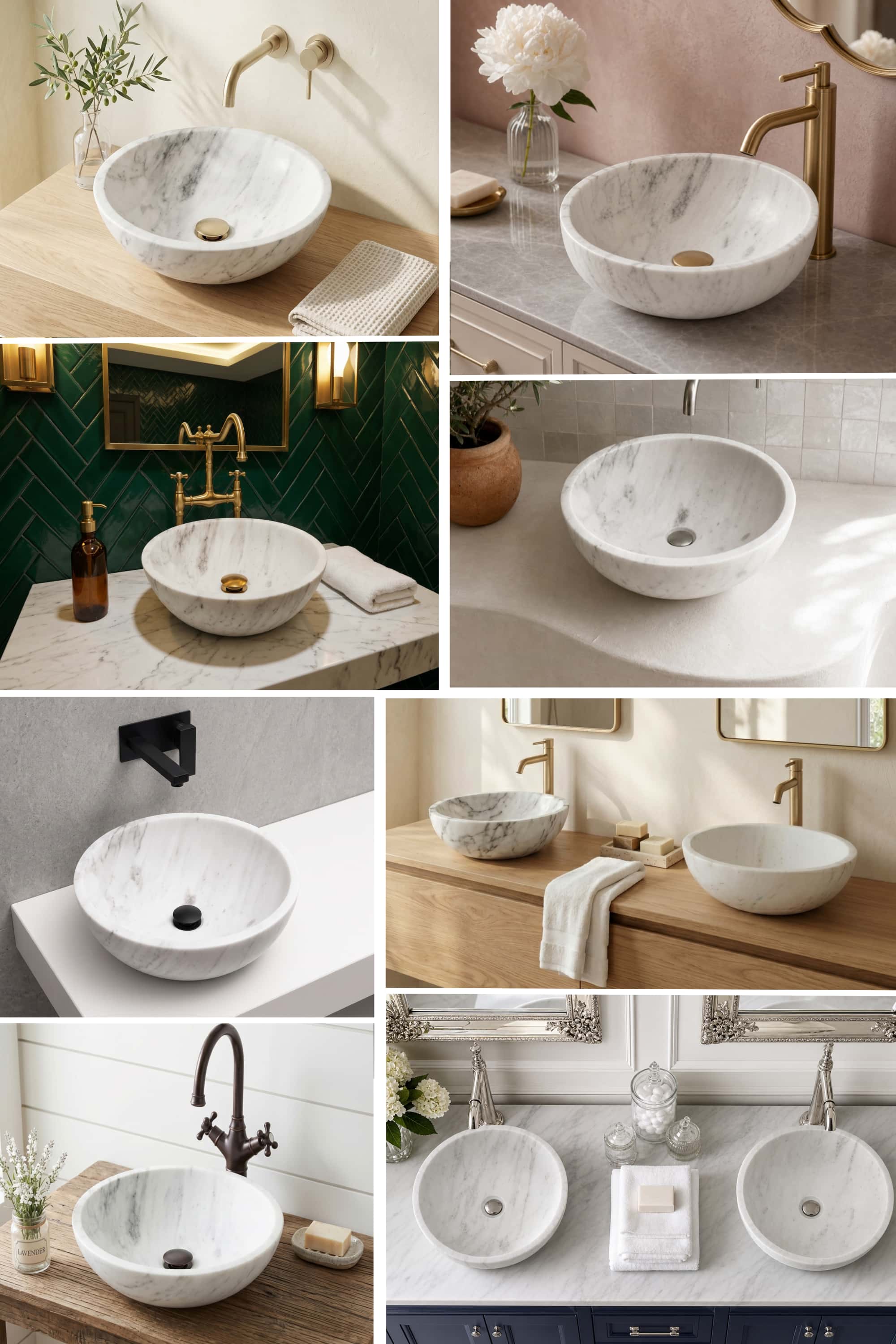 Snow Mountain white marble vessel sink styling inspirations across modern, traditional, coastal, and powder room designs.