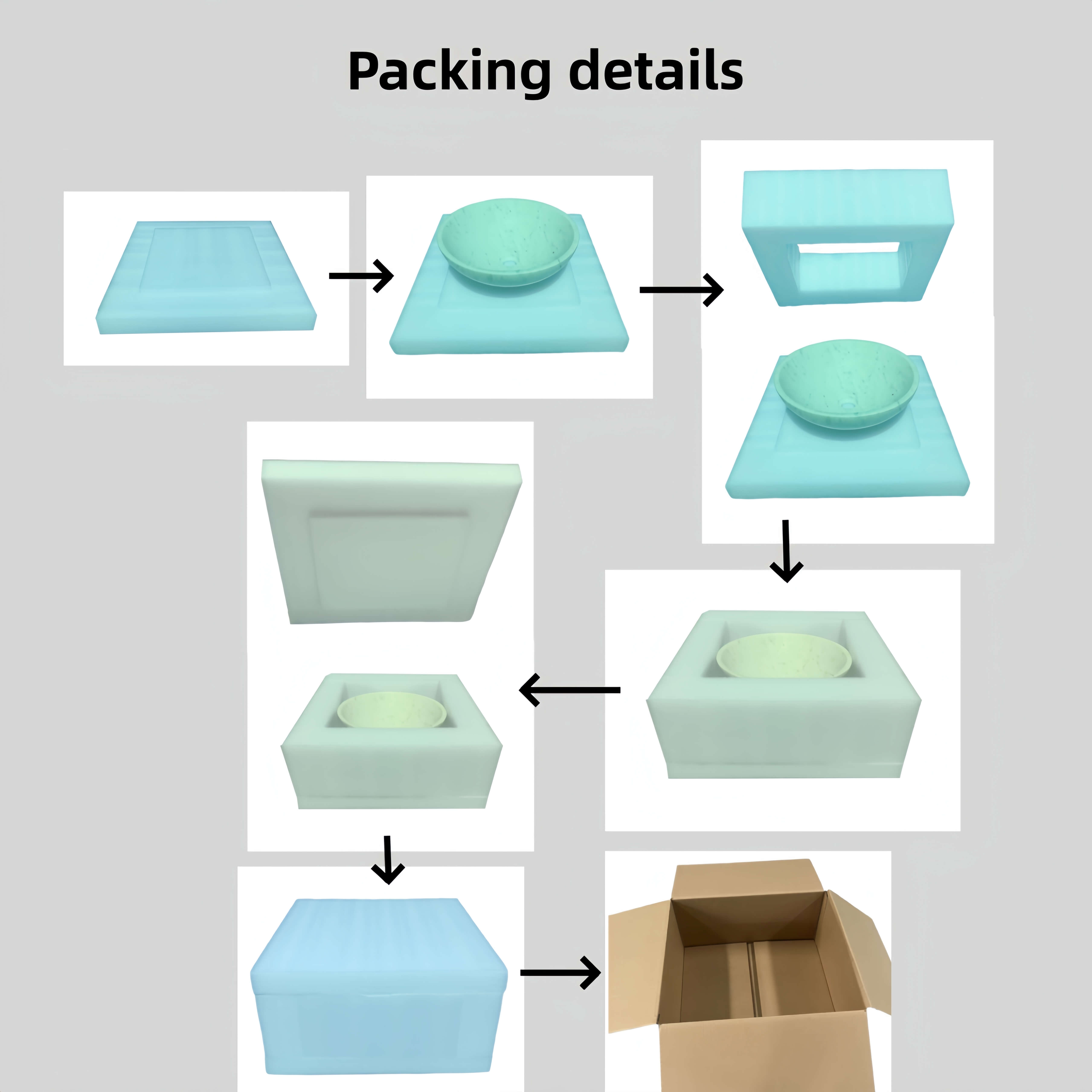 5-layer foam protective packaging for honed white marble vessel sink, step-by-step shock-absorption before carton shipping.