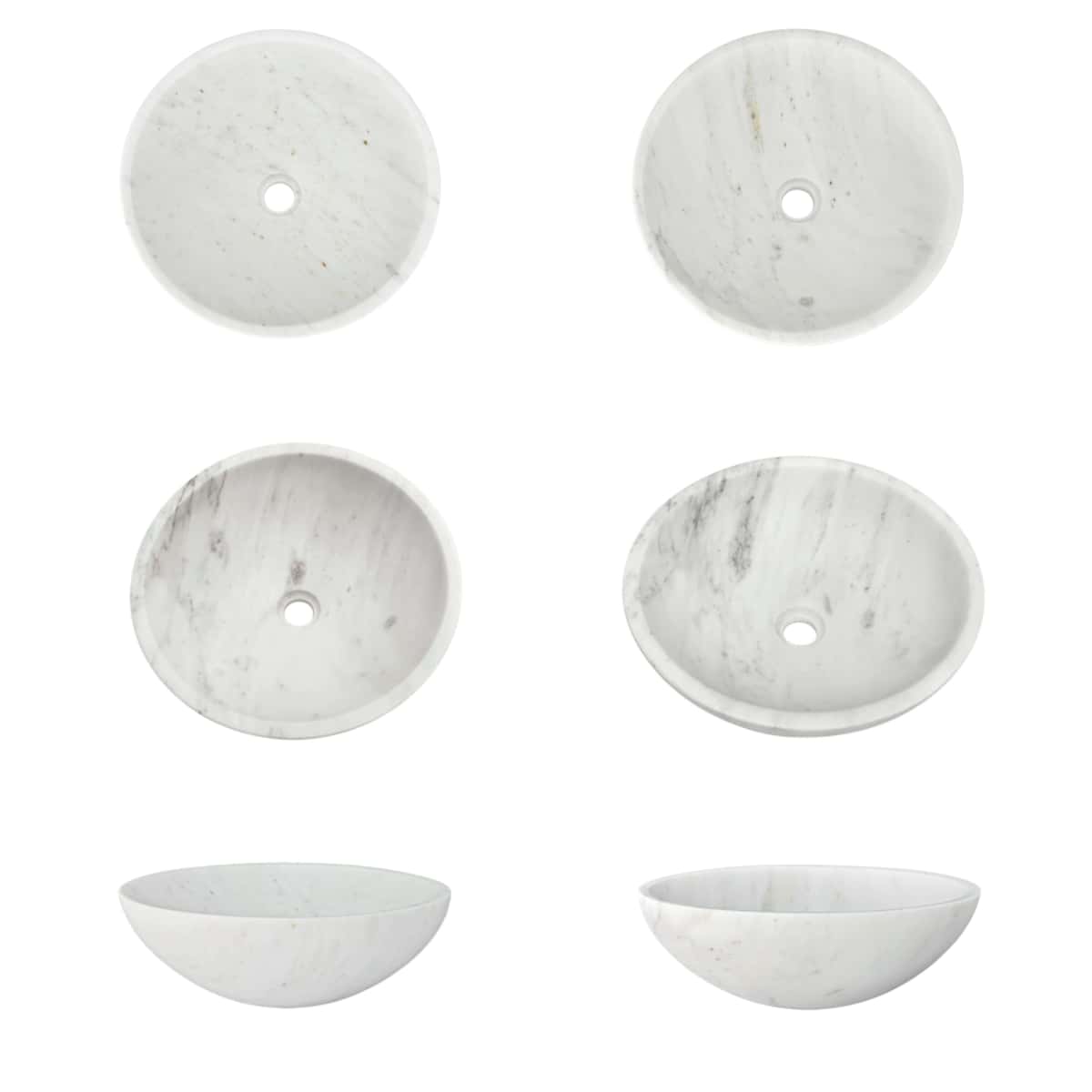 Six Snow Mountain white marble vessel sinks showing unique honed surface veining variations&mdash;no two pieces are identical.