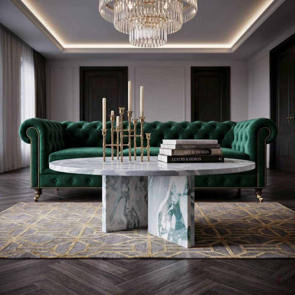 Cloudy blue marble coffee table paired with emerald velvet Chesterfield sofa, brass candelabra, and crystal chandelier in Art Deco salon.