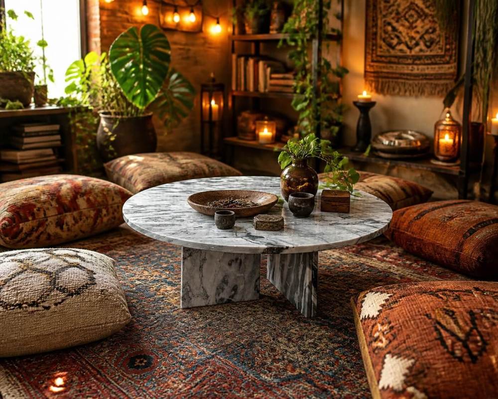 Cloudy blue marble coffee table surrounded by Kilim floor cushions, brass vessels, and candlelight in a layered bohemian sanctuary.