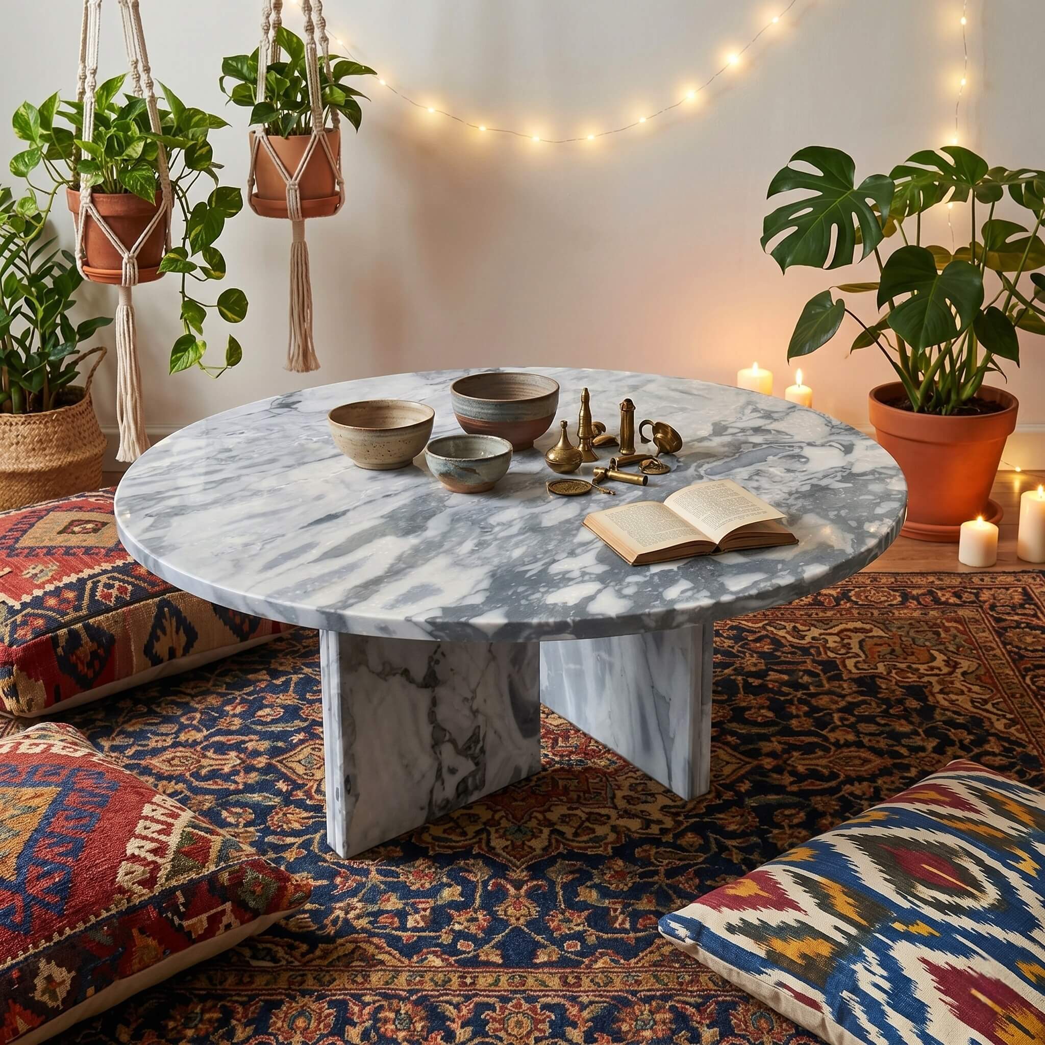 Cloudy blue marble coffee table in boho plant sanctuary with macramé hanging planters, monstera, ceramic bowls, and layered rugs.