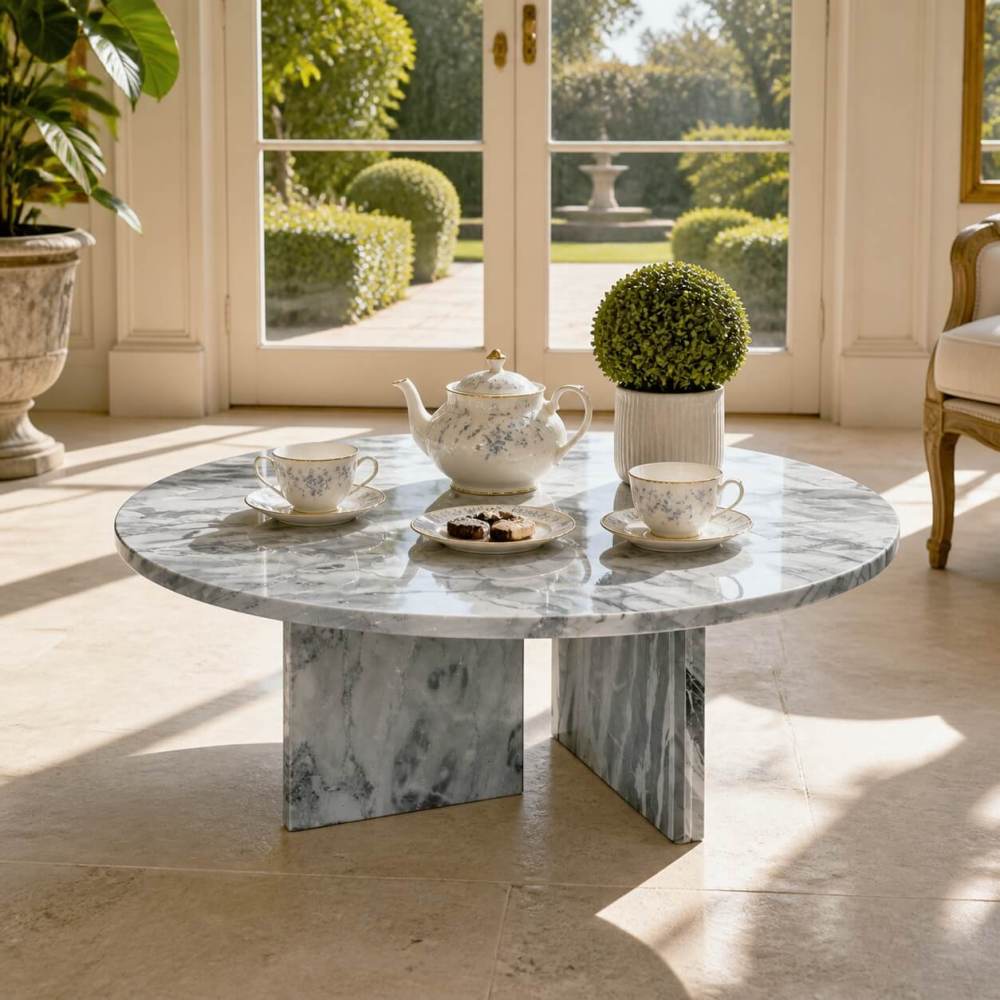 Cloudy blue marble coffee table in English garden conservatory with porcelain tea set, topiary, French doors, and manicured garden view.