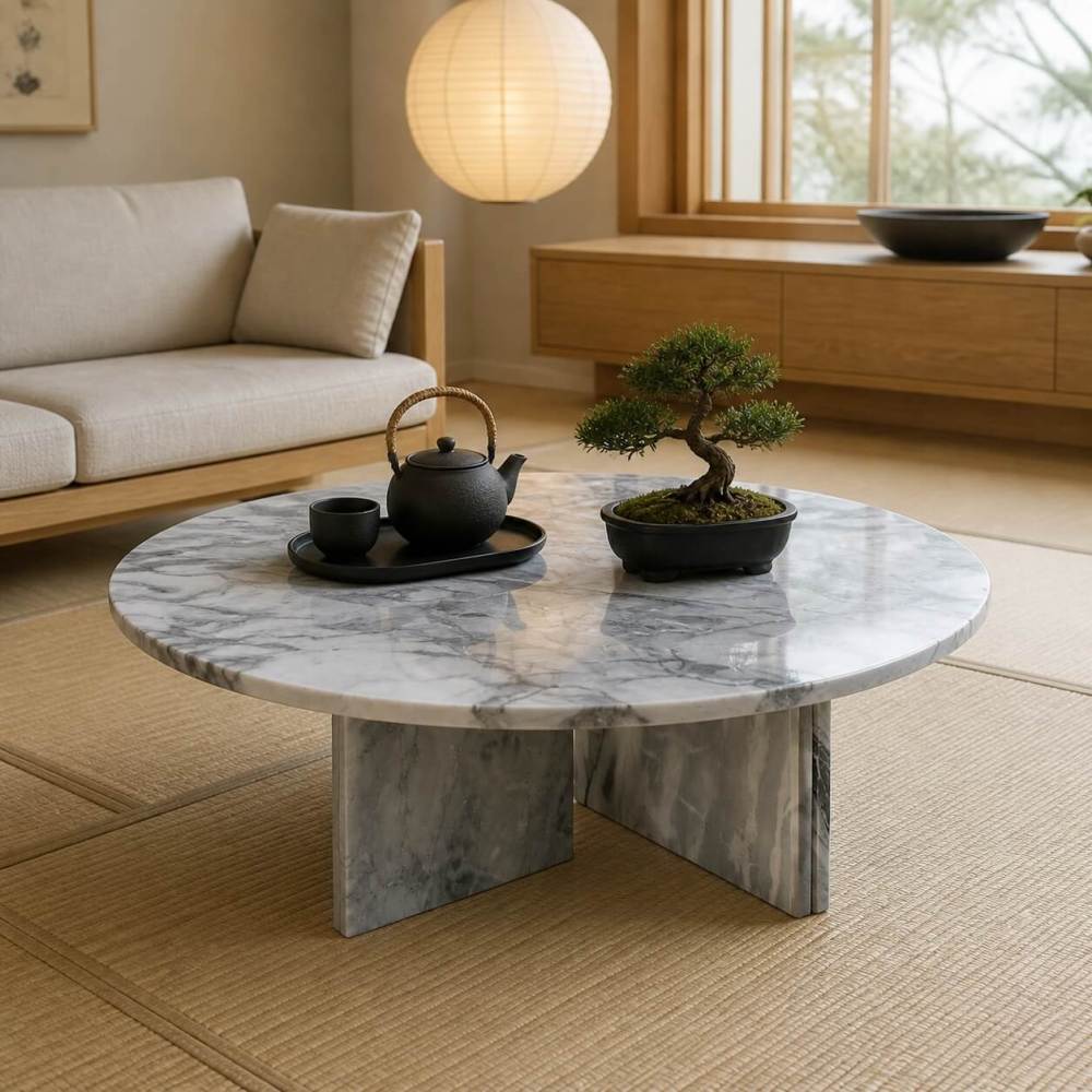Cloudy blue marble coffee table in Japandi tea room with cast-iron teapot, bonsai, paper lantern, and tatami flooring for zen calm.