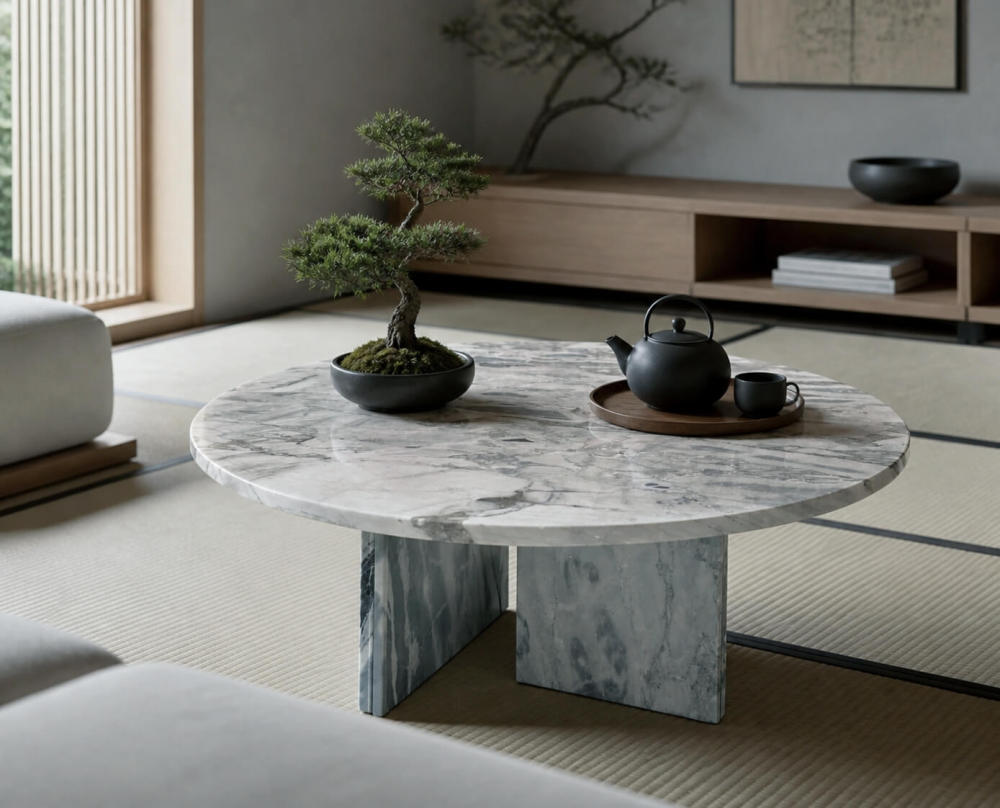 Cloudy blue marble coffee table in Japanese zen tea room with cast-iron teapot, bonsai, ink painting, and tatami flooring for wabi-sabi calm.