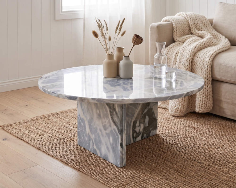 Cloudy blue marble coffee table in a Scandinavian living room with chunky knit throw, dried botanicals, and jute rug on oak floor.