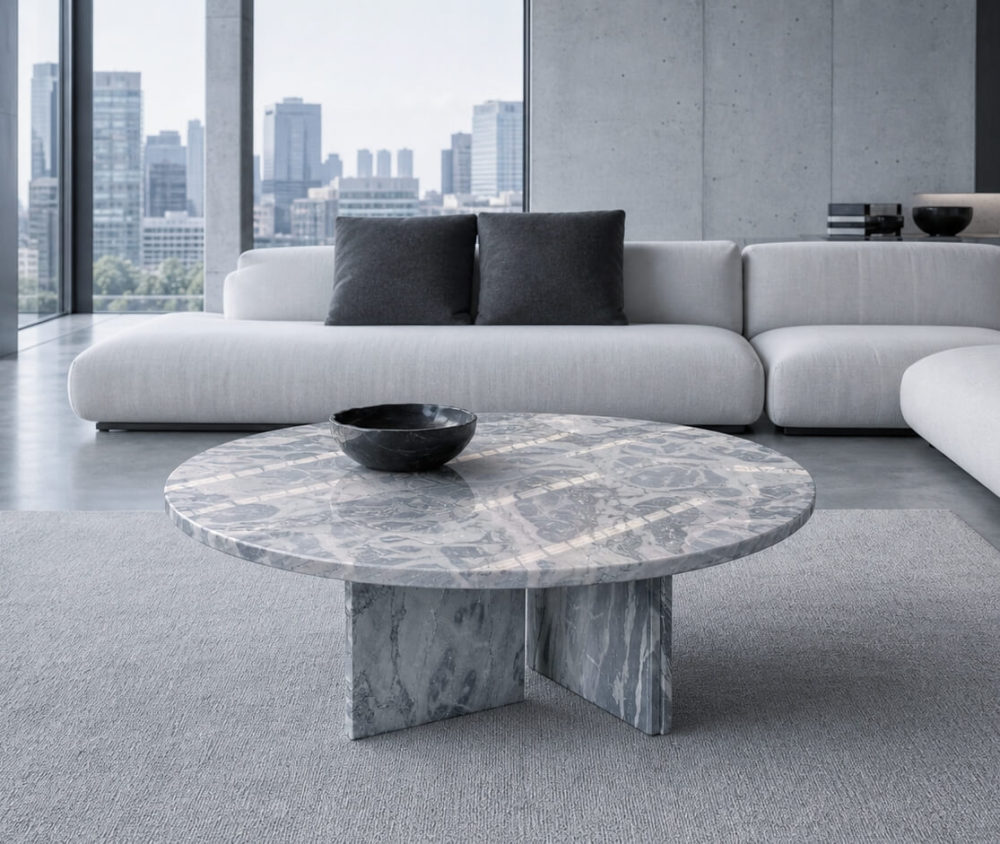 Cloudy blue marble coffee table in urban high-rise loft with white modular sofa, concrete walls, and city skyline beyond floor-to-ceiling glass.