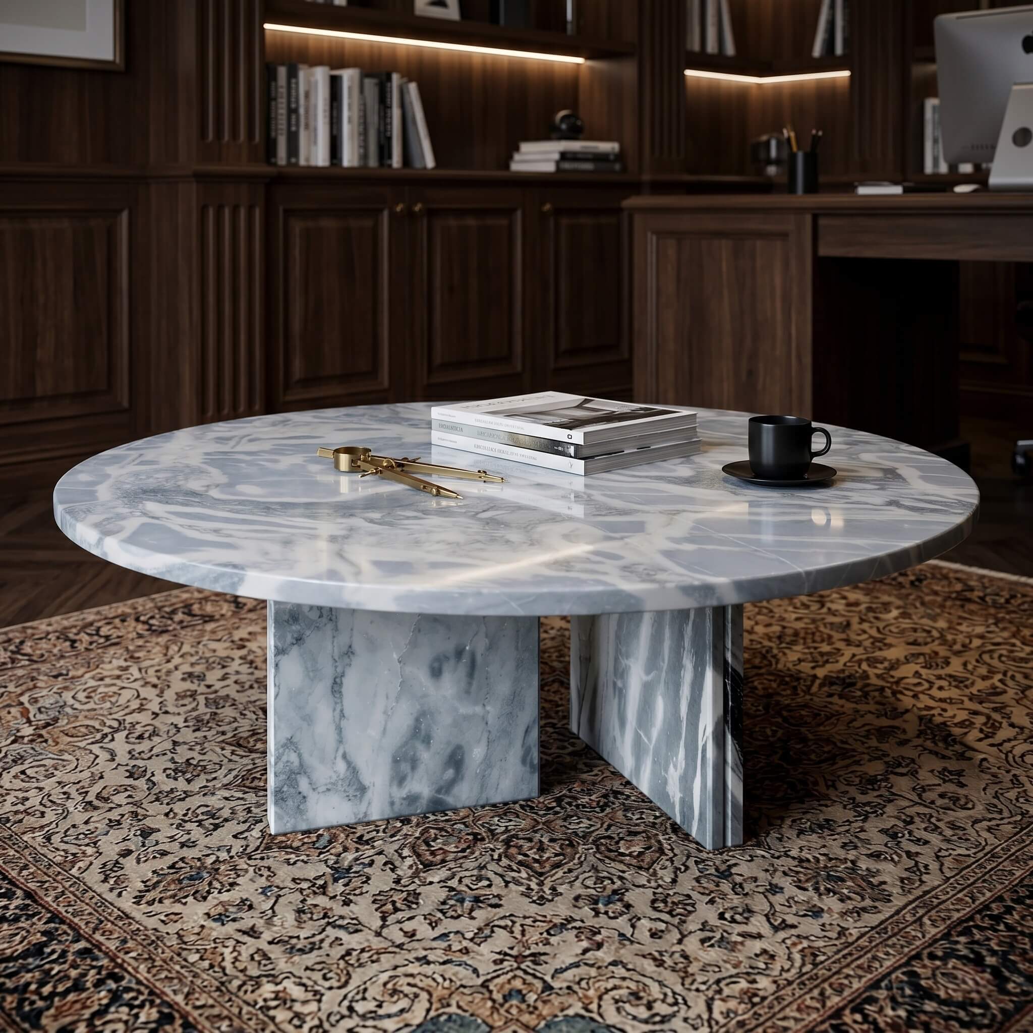 Cloudy blue marble coffee table in walnut-paneled study with brass drafting compass, design books, espresso cup, and Persian rug.