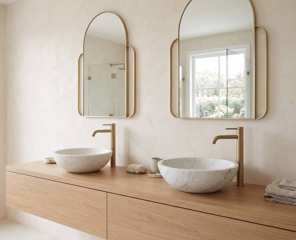 Snow Mountain white marble vessel sinks on light oak vanity, brushed brass faucets, arched gold mirrors, coastal bathroom.
