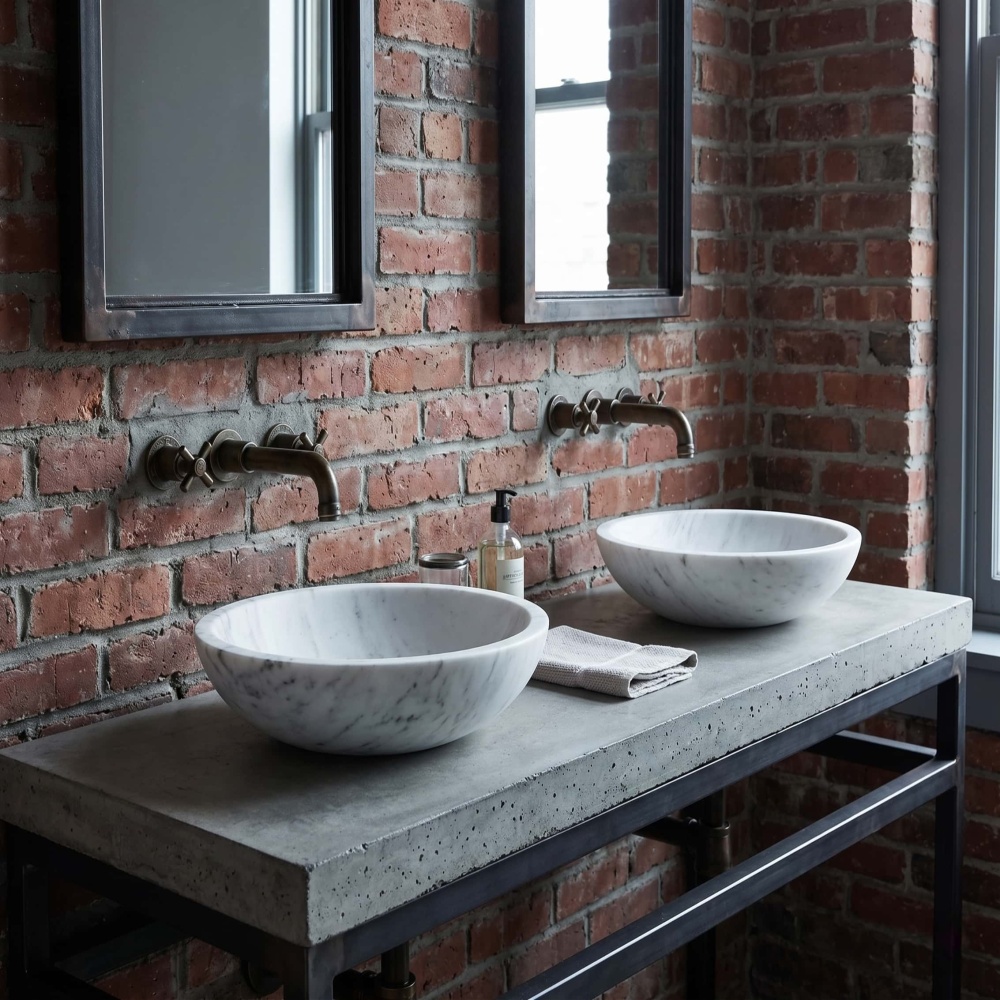 Snow Mountain white marble vessel sinks on concrete vanity, red brick wall, aged brass cross-handle faucets, industrial loft.