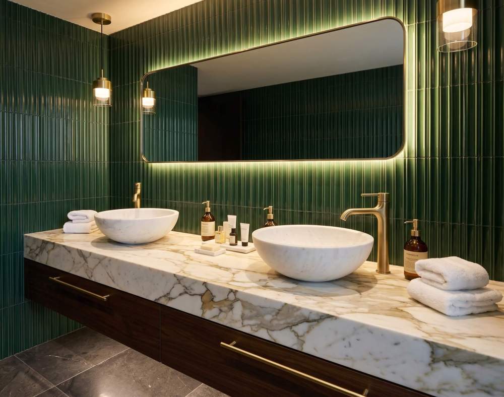 Snow Mountain white marble vessel sinks on Calacatta gold top, green fluted tile wall, brushed brass faucets, luxury bath.