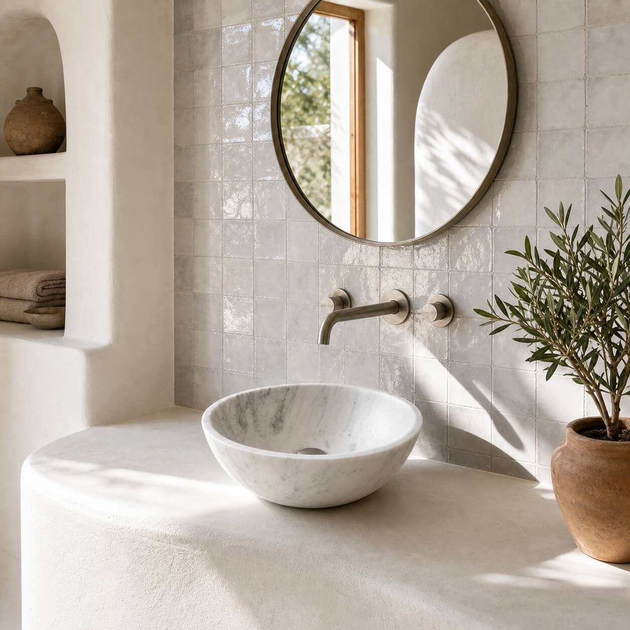 Snow Mountain white marble vessel sink on plaster vanity, zellige tile, arched niche, Mediterranean bathroom.
