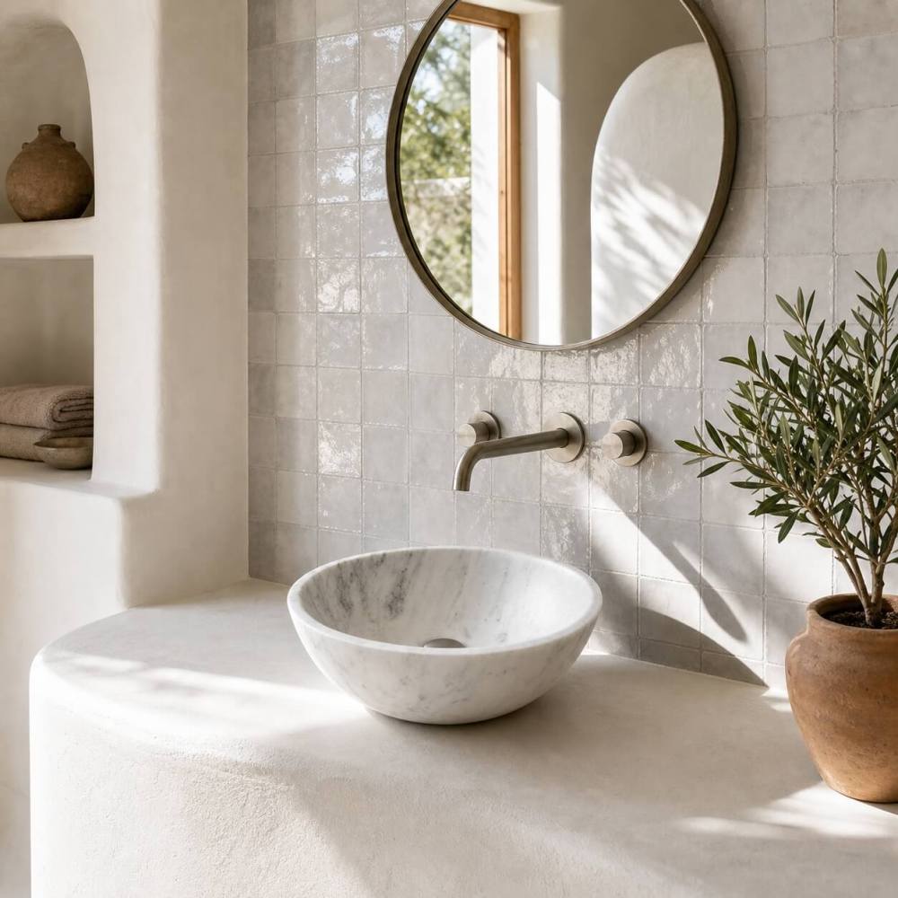 Snow Mountain white marble vessel sink on plaster vanity, zellige tile, arched niche, Mediterranean bathroom.