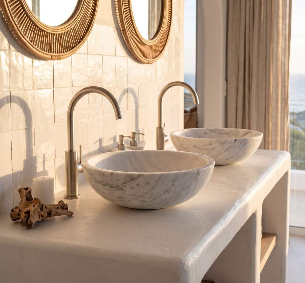 Snow Mountain white marble vessel sinks on plaster vanity, zellige tile wall, rattan mirrors, Mediterranean coastal bath.
