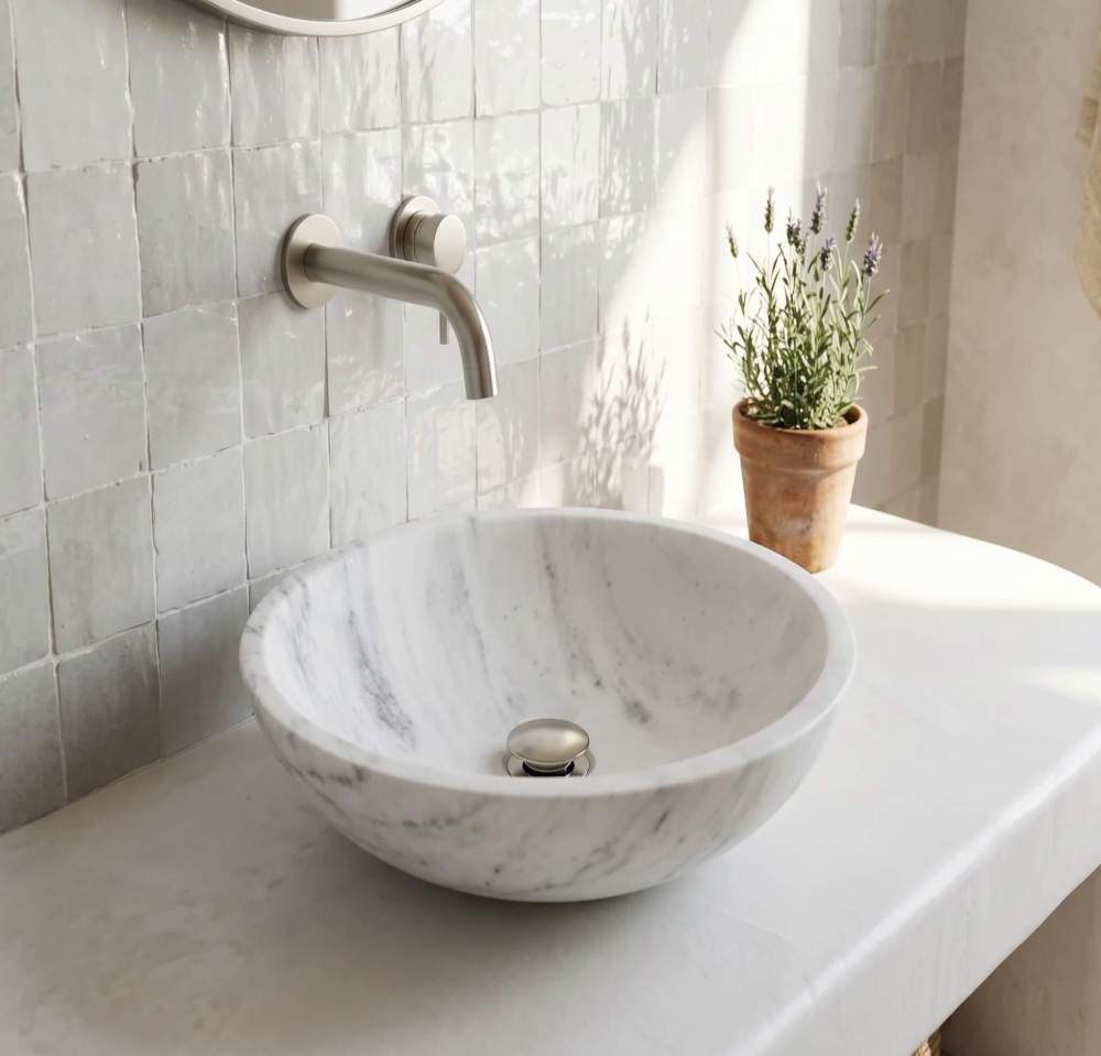 Snow Mountain white marble vessel sink on plaster counter, white zellige tile, brushed nickel faucet, Provence bath.