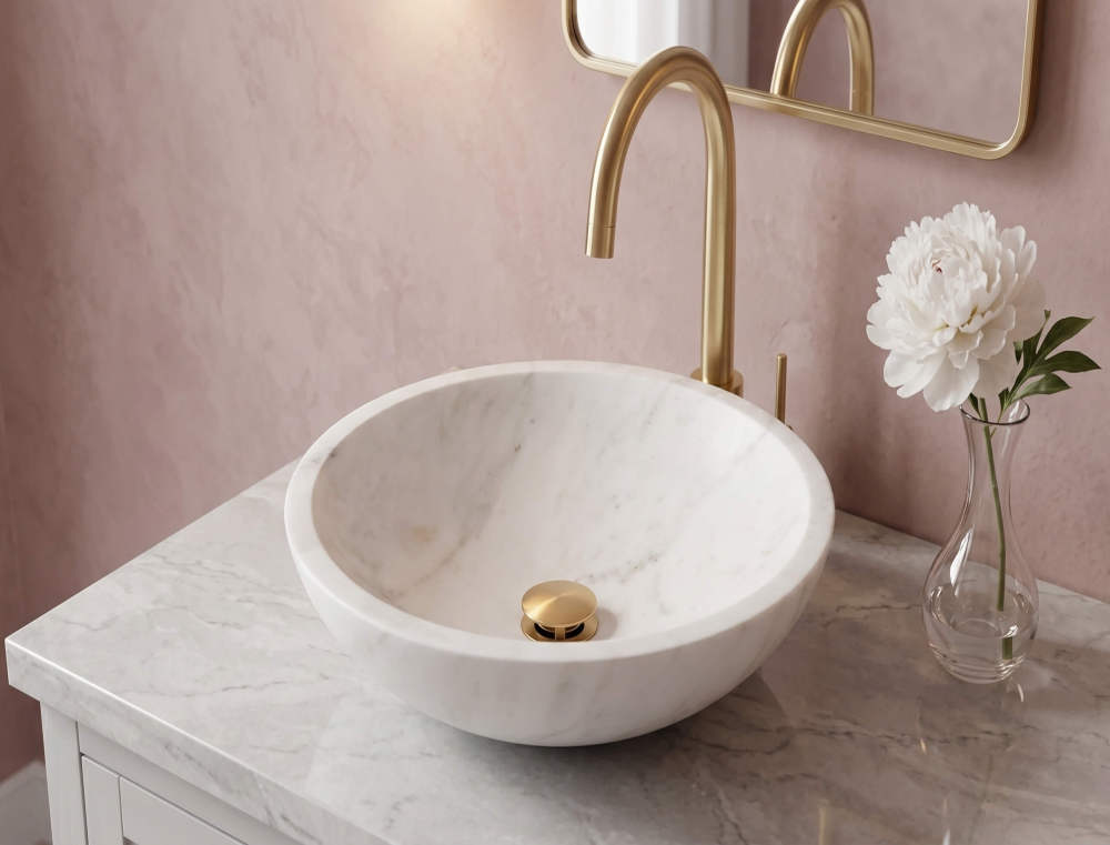 Snow Mountain white marble vessel sink on Carrara top, blush pink wall, brushed brass faucet, romantic powder room.