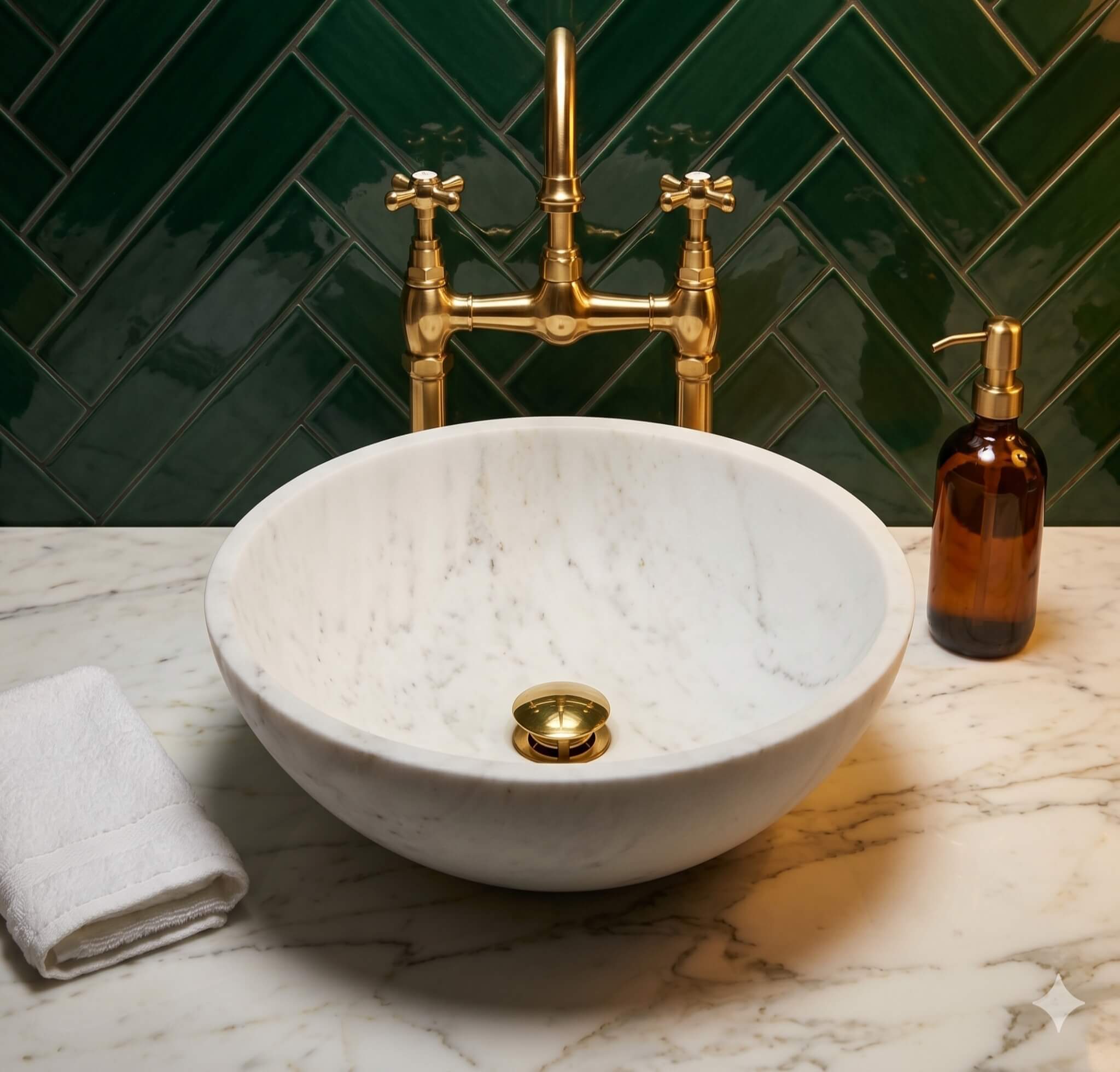 Snow Mountain white marble vessel sink, Calacatta gold top, green herringbone tile, brass bridge faucet, Victorian bath.
