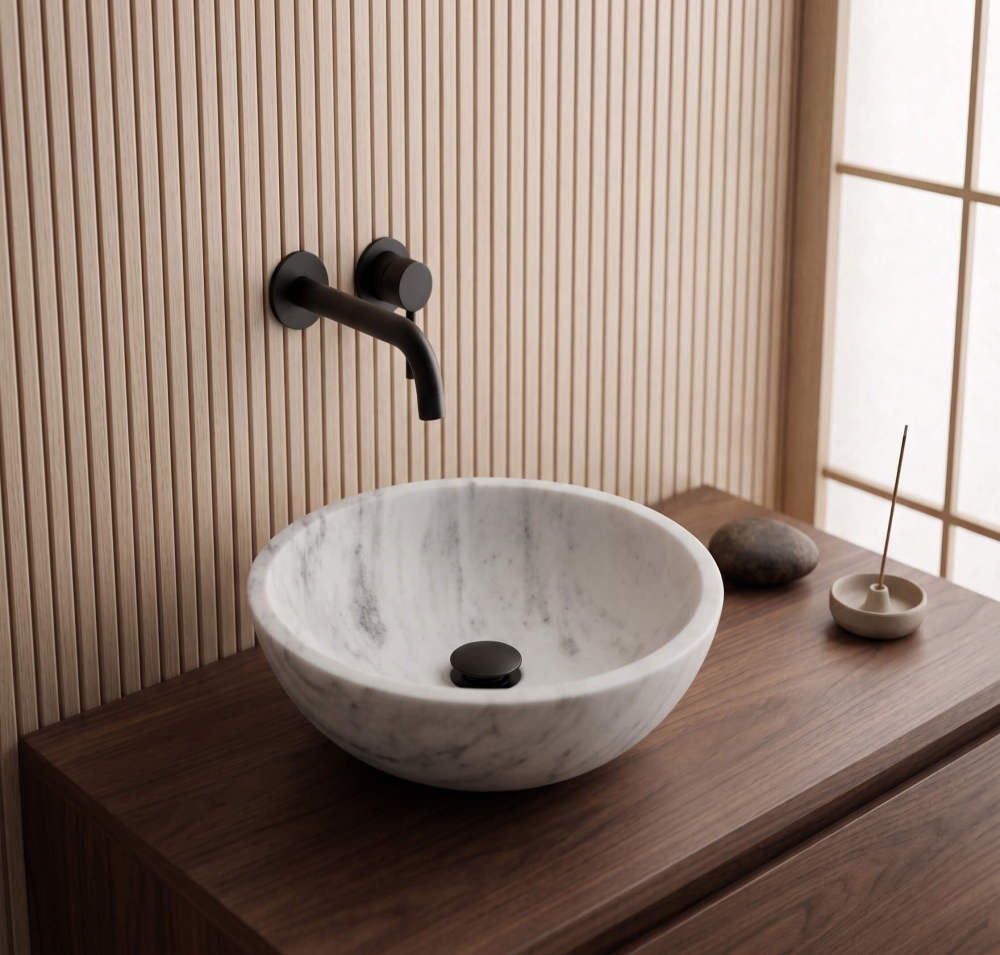 Snow Mountain white marble vessel sink on walnut vanity, wood slat wall, matte black faucet, wabi-sabi Zen bath.