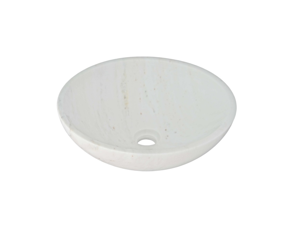 Round Snow Mountain white marble vessel sink, honed finish, Ø400×150mm, fine linear veining, single drain hole.