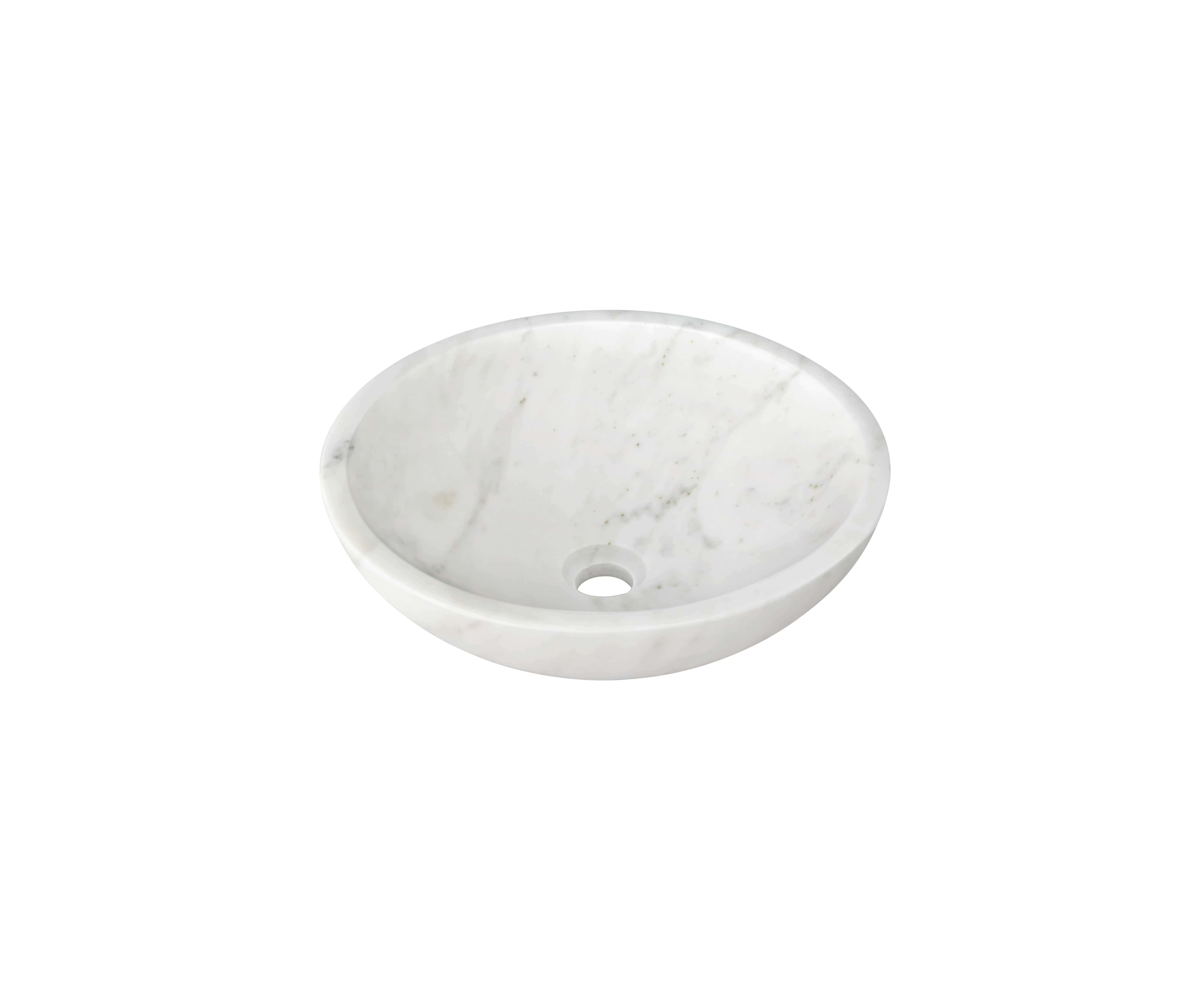 Side profile, Snow Mountain white marble vessel sink, 150mm height, honed finish, natural stone with web-like veining.