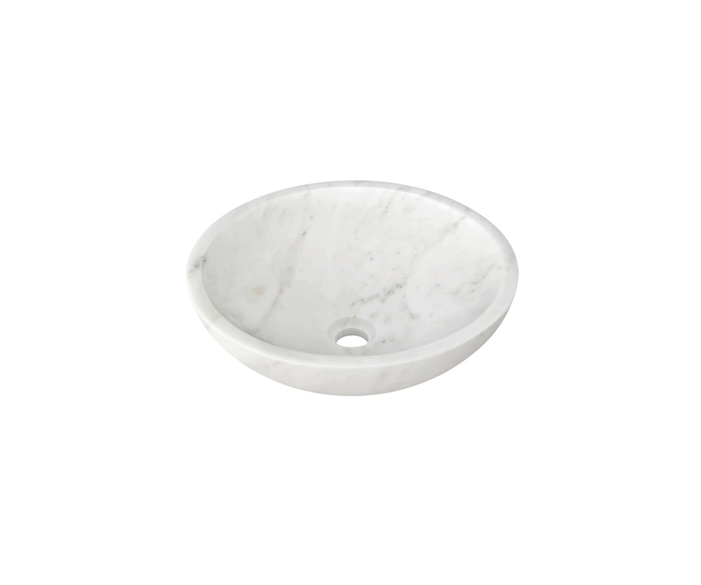 Side profile, Snow Mountain white marble vessel sink, 150mm height, honed finish, natural stone with web-like veining.