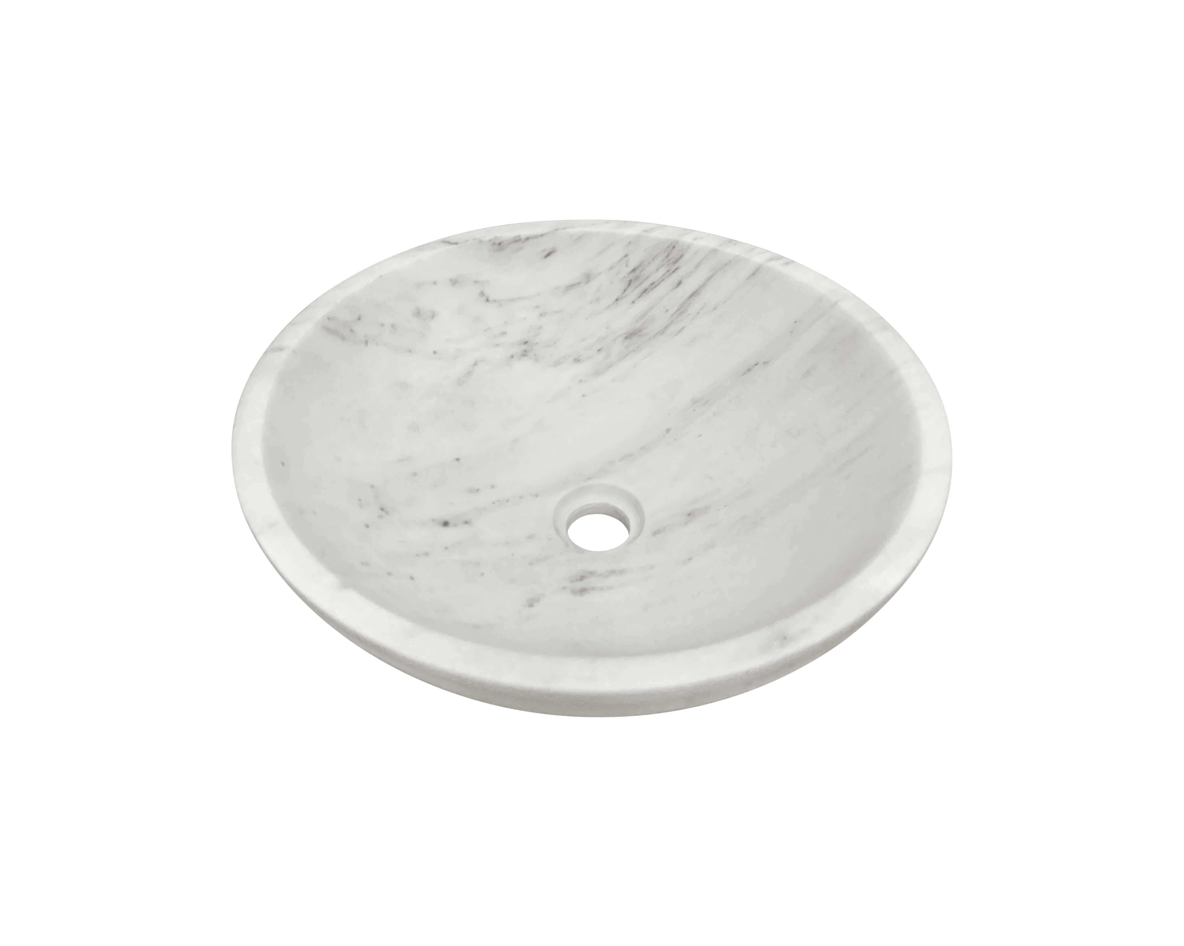 Snow Mountain white marble vessel sink with diagonal swept gray veining, honed finish Ø400mm basin, 45-degree angle view.