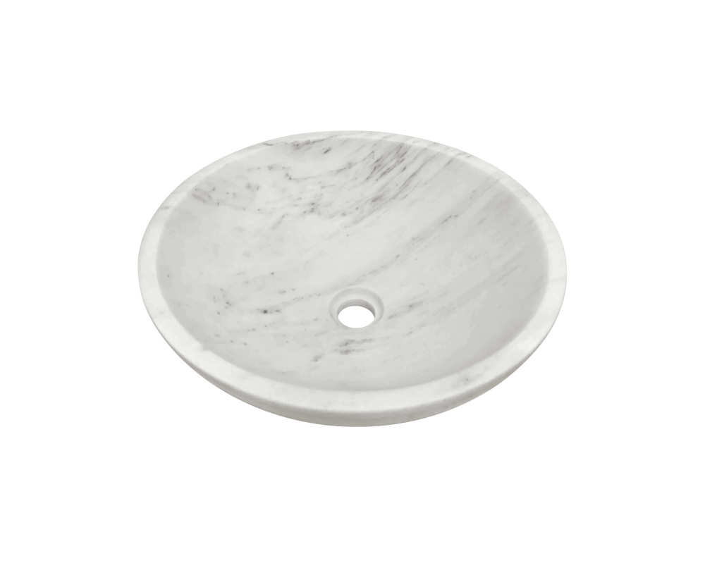 Snow Mountain white marble vessel sink with diagonal swept gray veining, honed finish Ø400mm basin, 45-degree angle view.