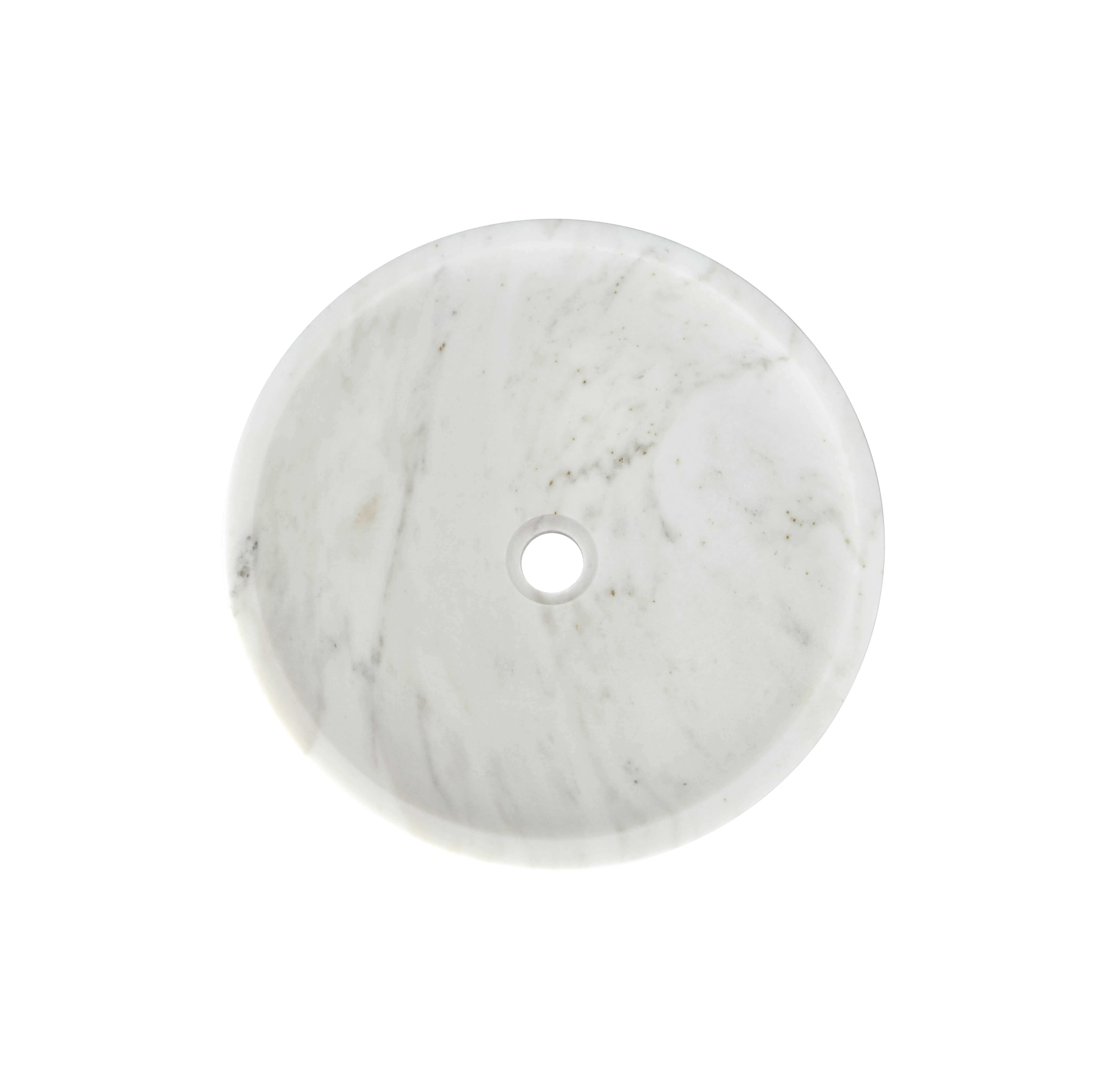 Top-down Snow Mountain white marble vessel sink, Ø400mm basin, honed finish, flowing diagonal gray veining across interior.