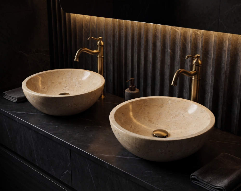 Two Hyatt Gold marble vessel sinks on black marble counter with aged brass faucets and fluted stone wall, dark moody hotel spa bathroom.