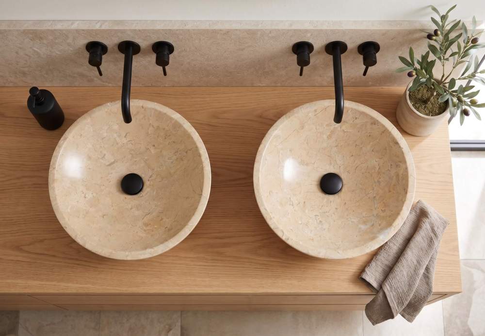 Top-down view of two Hyatt Gold marble vessel sinks on light oak vanity with matte black wall faucets in wabi-sabi Mediterranean bathroom.