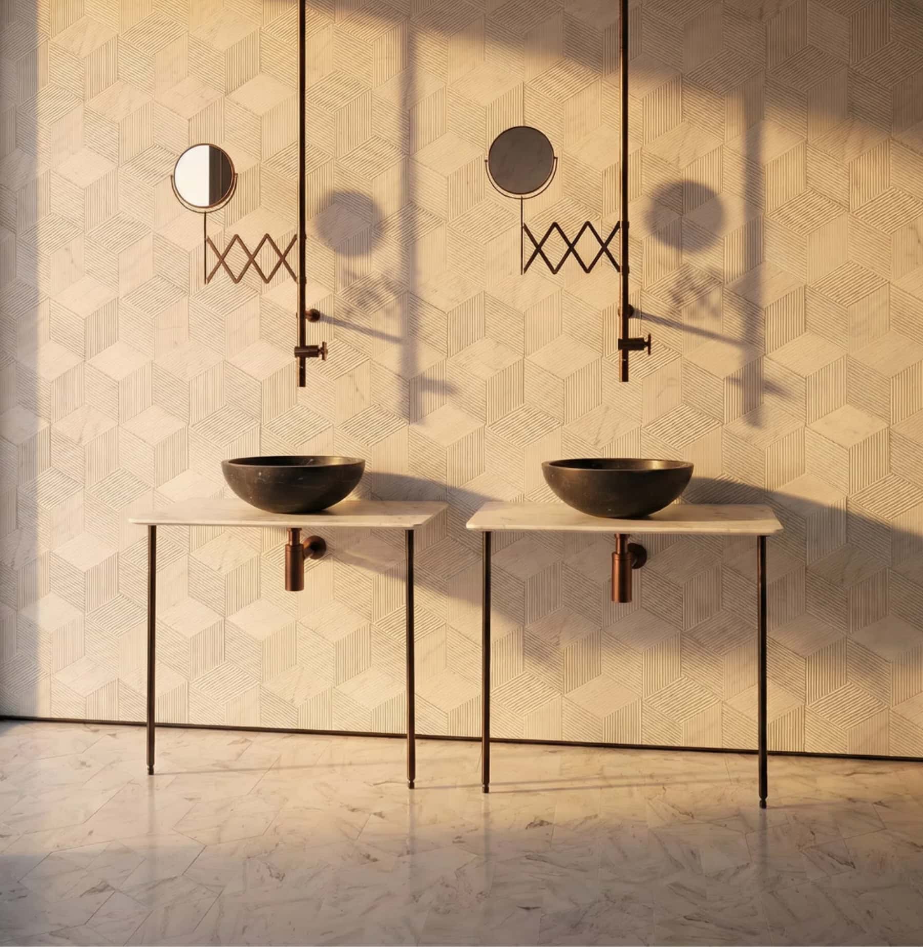 Paired black marble vessel sinks with white hexagon textured wall tile and polished floor tile in warm sunlit marble bathroom.