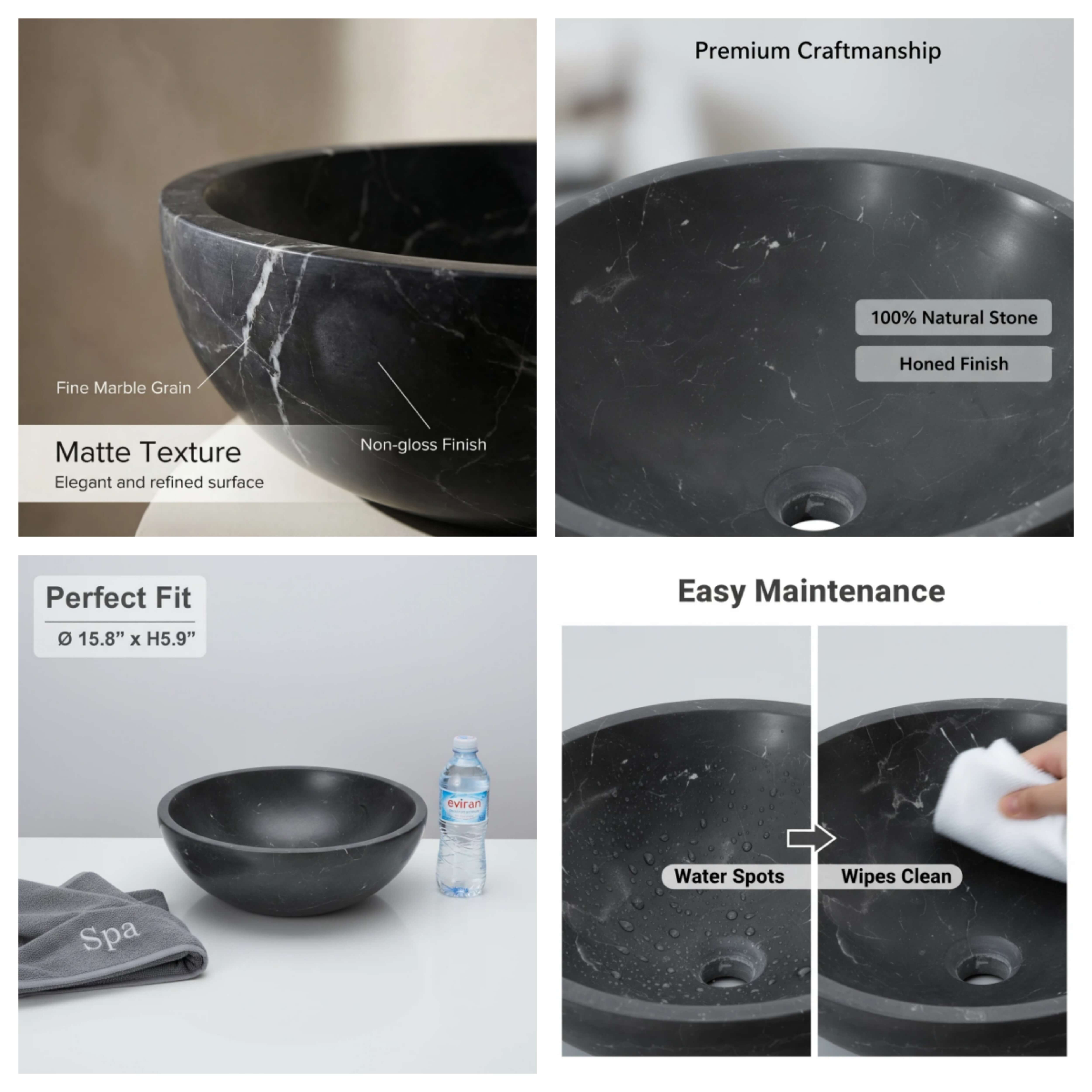 Detail infographic: matte texture, honed finish, 15.8-inch size reference, water-resistant surface, easy wipe-clean maintenance.