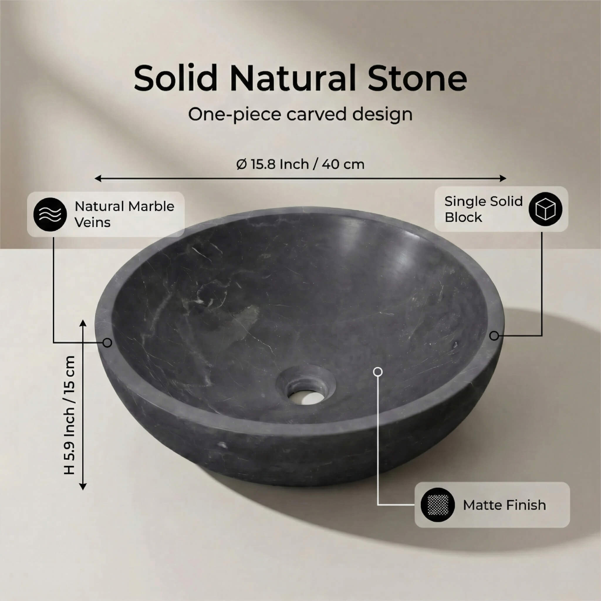 Specification infographic: 400mm diameter, 150mm height black marble vessel sink with natural veins, single block, matte finish.