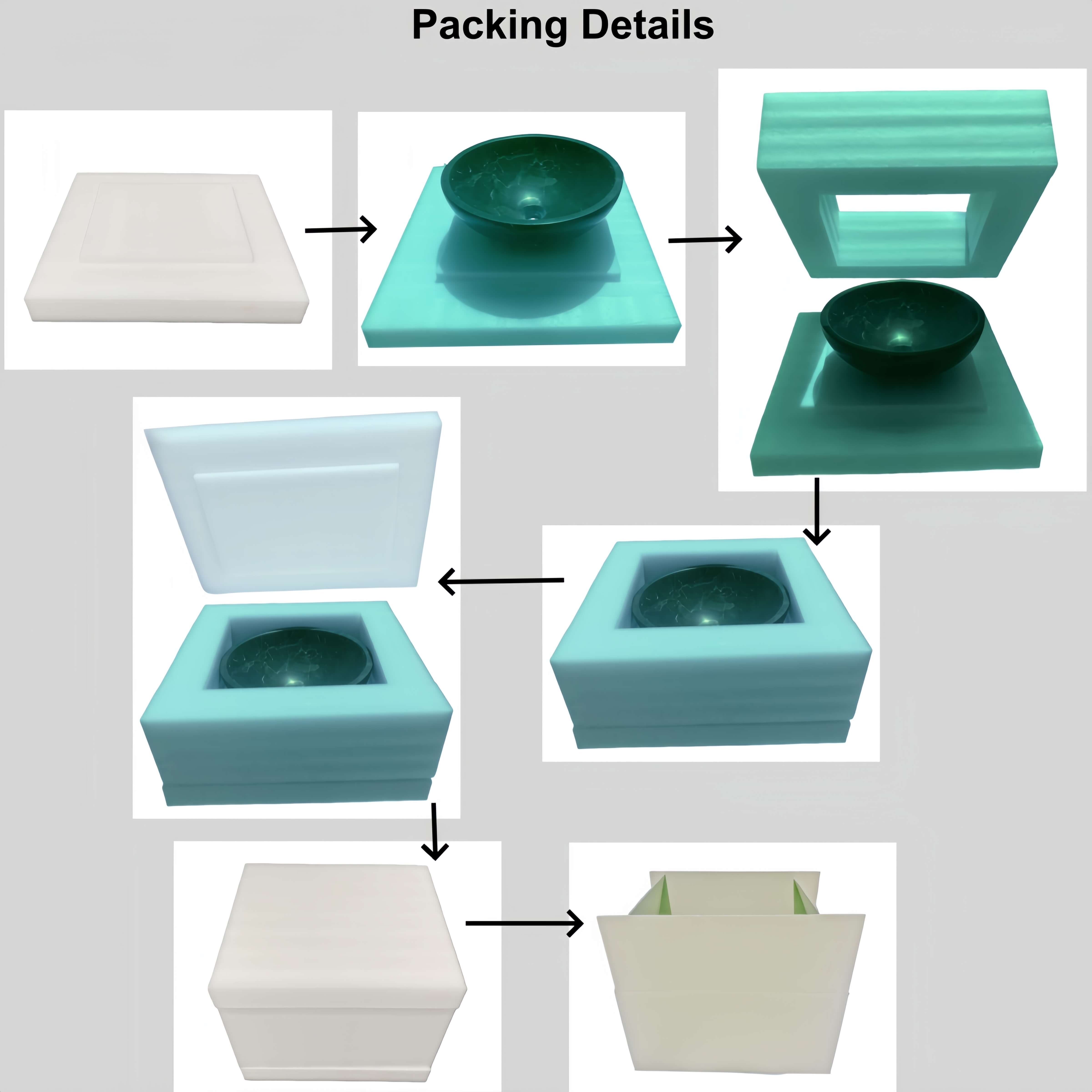 Multi-layer foam protective packaging process for natural marble vessel sink, showing shock-absorption layers and reinforced corners.