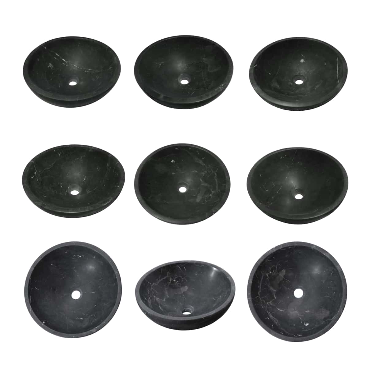 Nine individual black marble vessel sinks displayed in grid, showcasing unique veining patterns inherent to 100% natural marble.