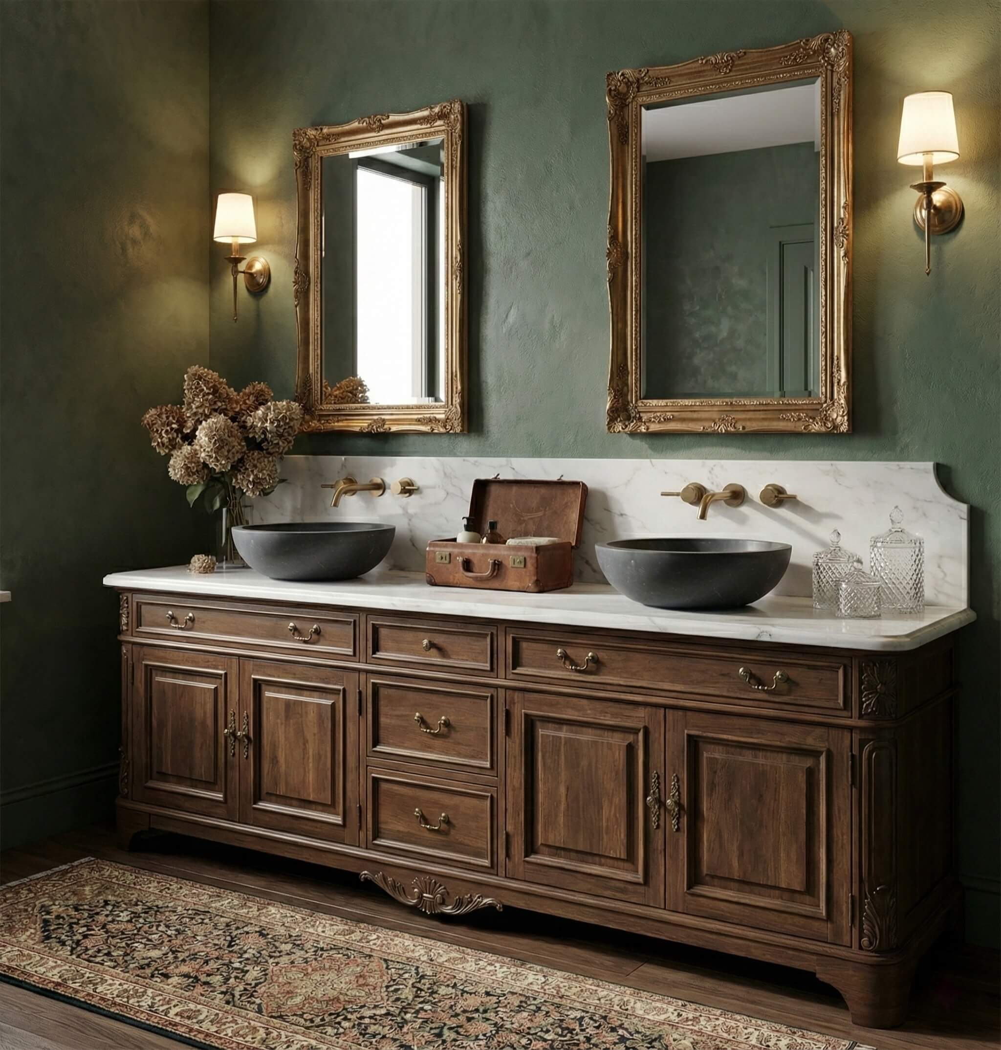 Paired black marble vessel sinks on walnut double vanity, olive green walls, gilded ornate mirrors, brass wall-mount faucets.