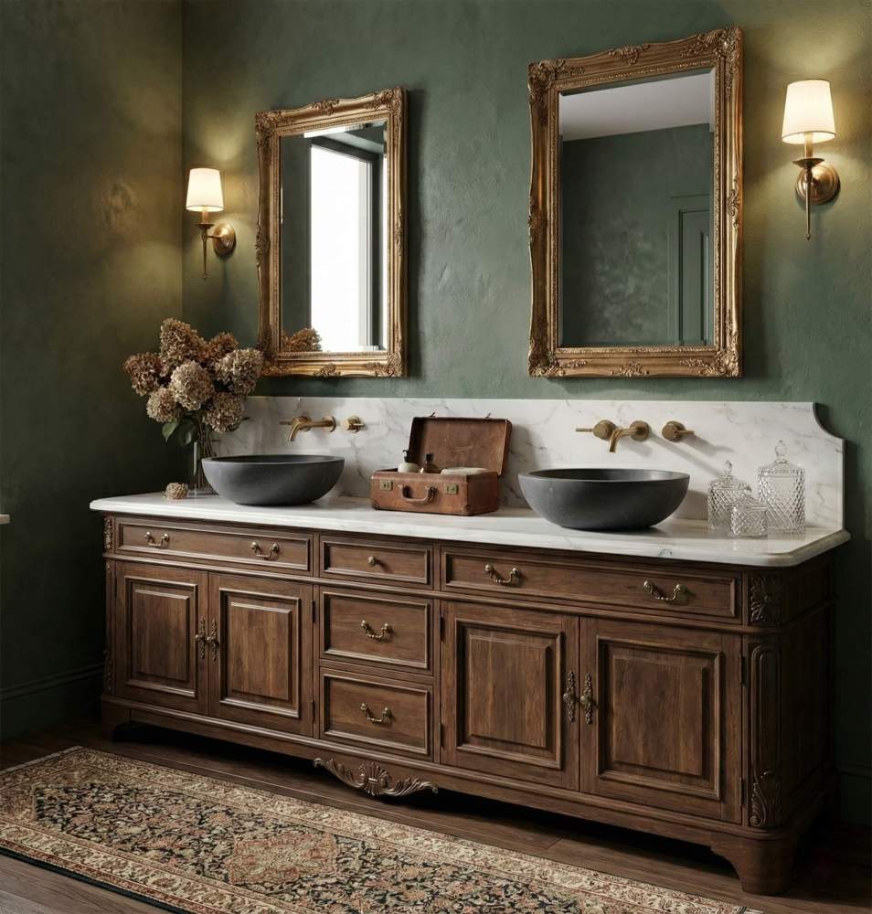 Paired black marble vessel sinks on walnut double vanity, olive green walls, gilded ornate mirrors, brass wall-mount faucets.