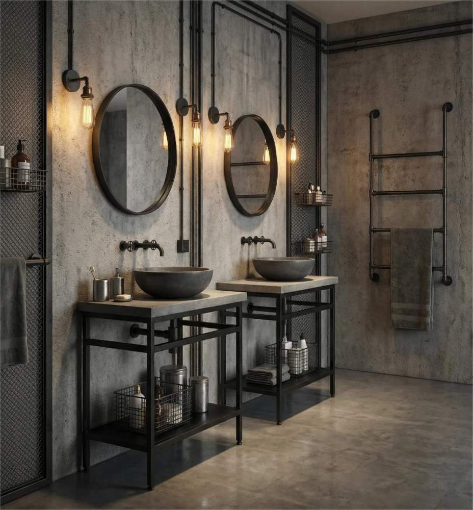 Paired black marble vessel sinks on iron pipe stands, industrial loft bathroom with concrete walls and Edison bulb sconces.
