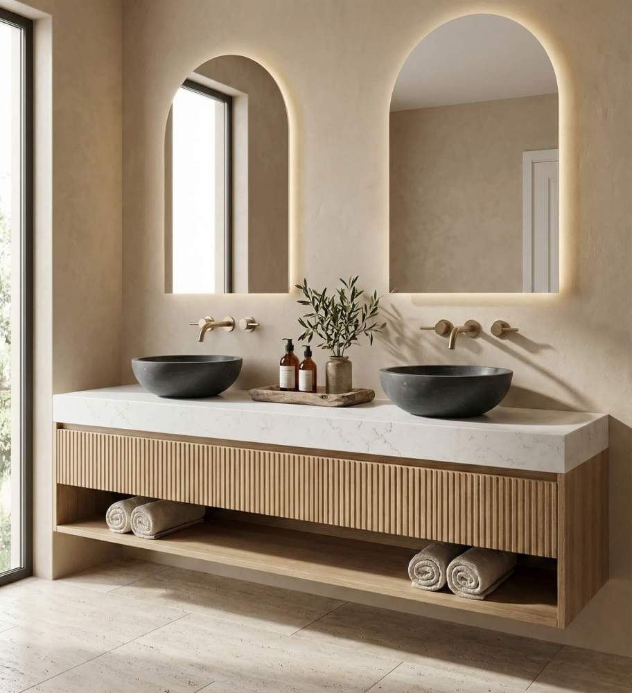 Paired black marble vessel sinks on floating fluted oak vanity, Japandi bathroom with limewash walls and arched backlit mirrors.