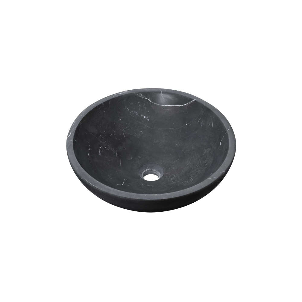 Black marble vessel sink viewed from 45-degree angle, honed finish revealing lightning-pattern white veining across deep gray base.