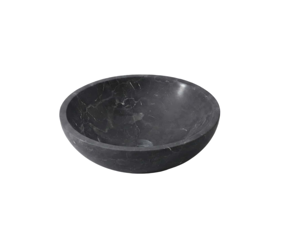 Black natural marble vessel sink with honed finish and organic white veining, 400mm round basin shown from angled top view.