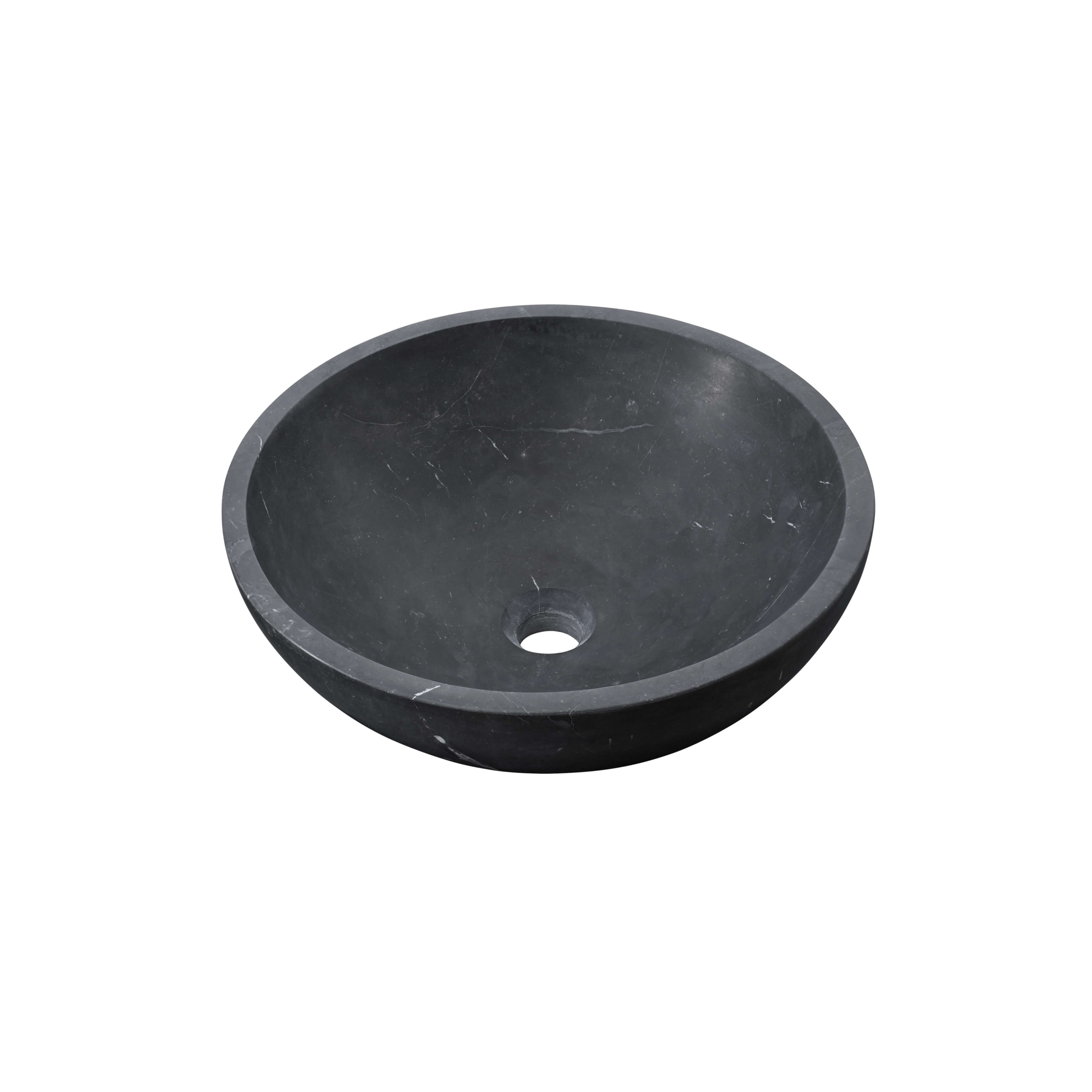 Interior detail of black marble vessel sink with honed finish, fine white vein distribution across the bowl basin and drain hole.