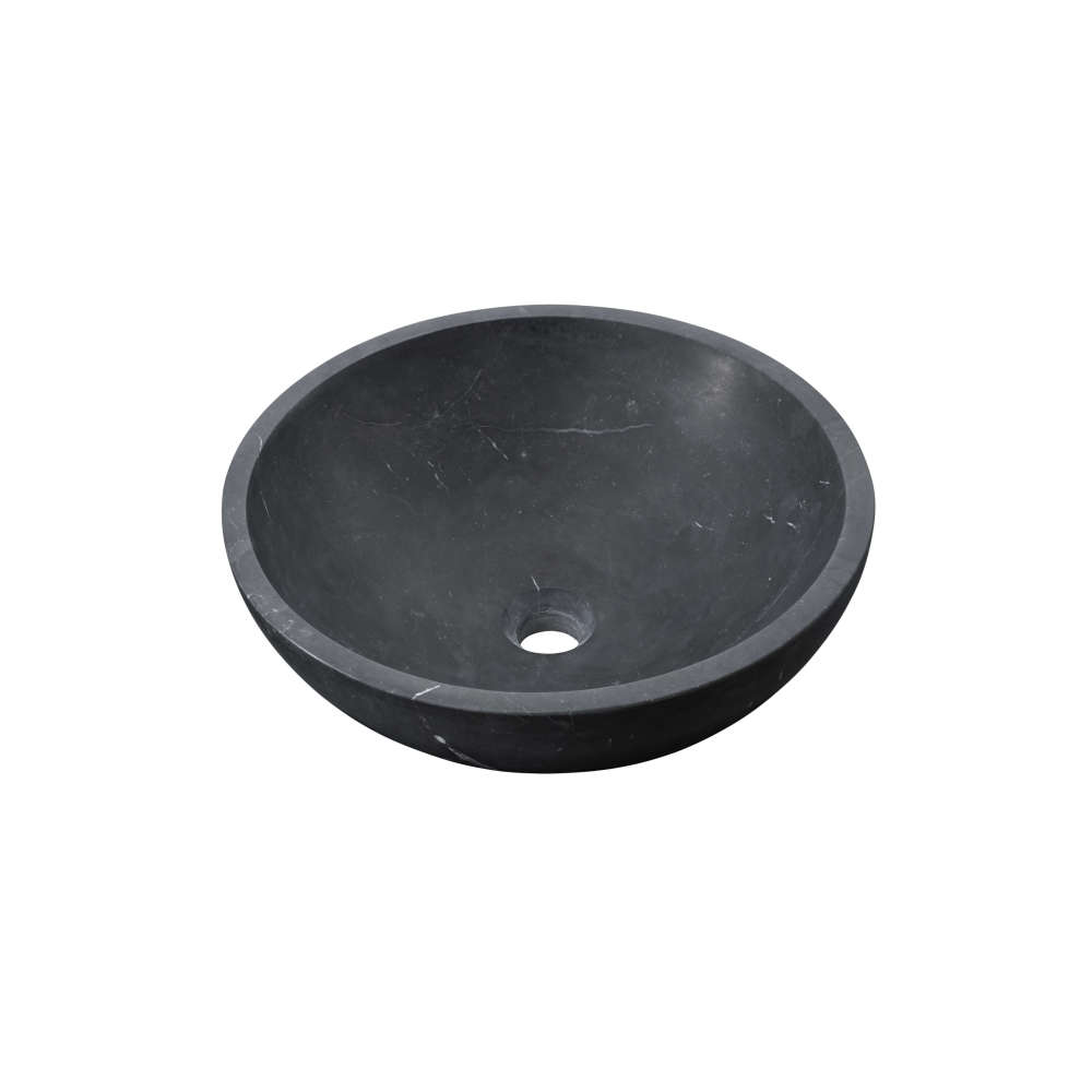 Interior detail of black marble vessel sink with honed finish, fine white vein distribution across the bowl basin and drain hole.