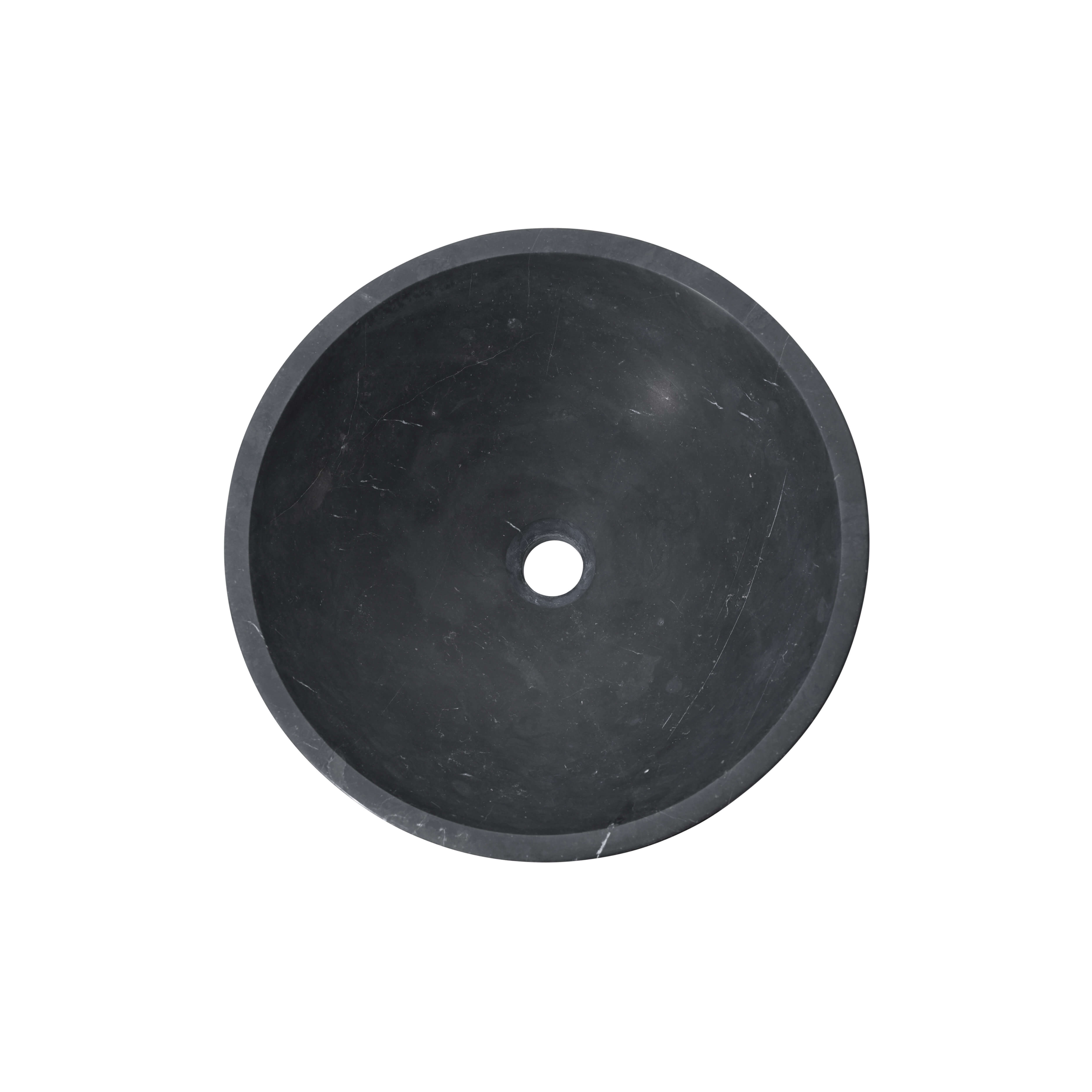 Overhead view of round black marble vessel sink showing perfect circular geometry, centered drain hole, and subtle gray veining.