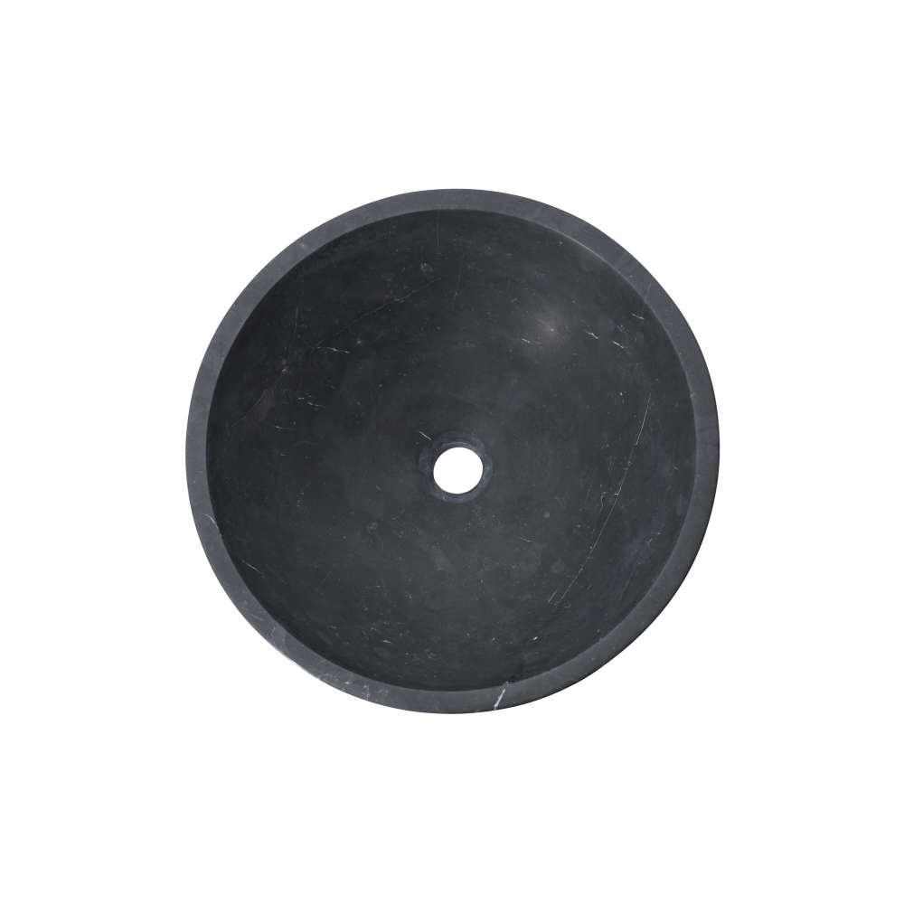 Overhead view of round black marble vessel sink showing perfect circular geometry, centered drain hole, and subtle gray veining.