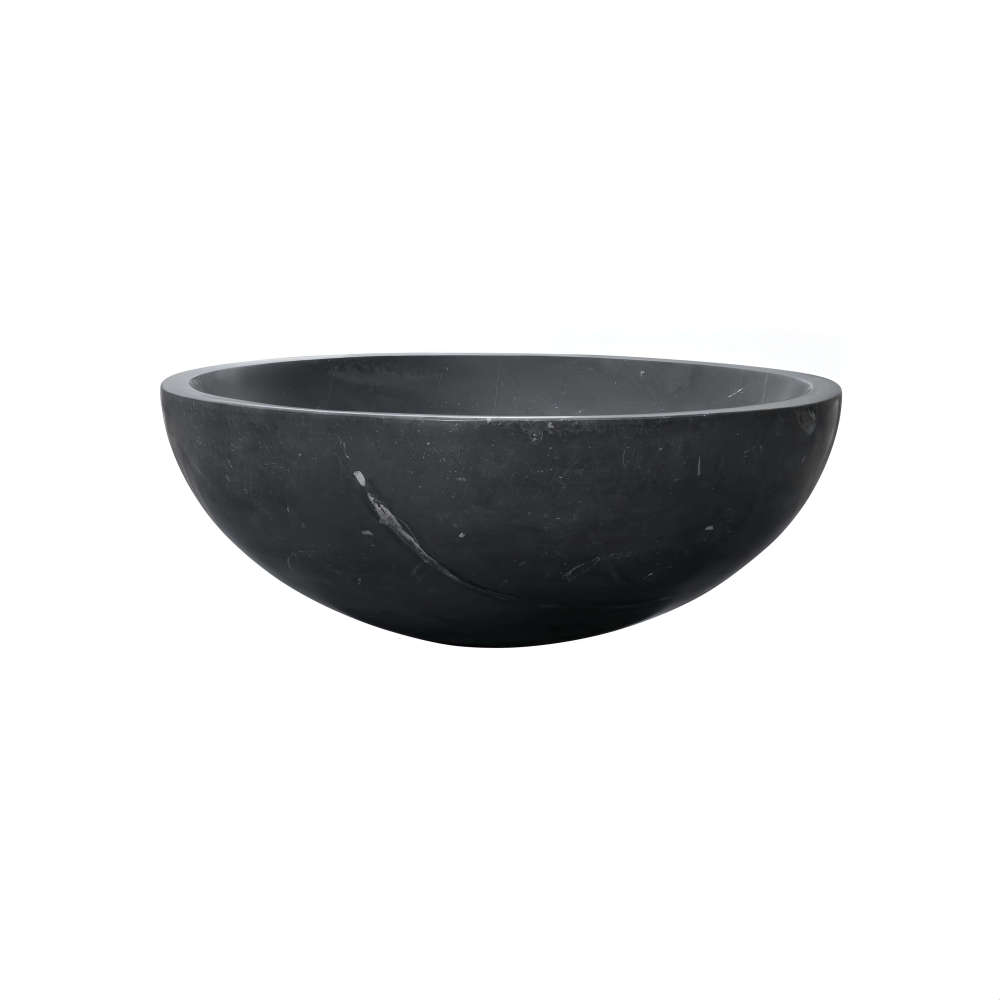Side profile of one-piece carved black marble vessel sink, showing 150mm bowl depth and continuous veining along the exterior wall.